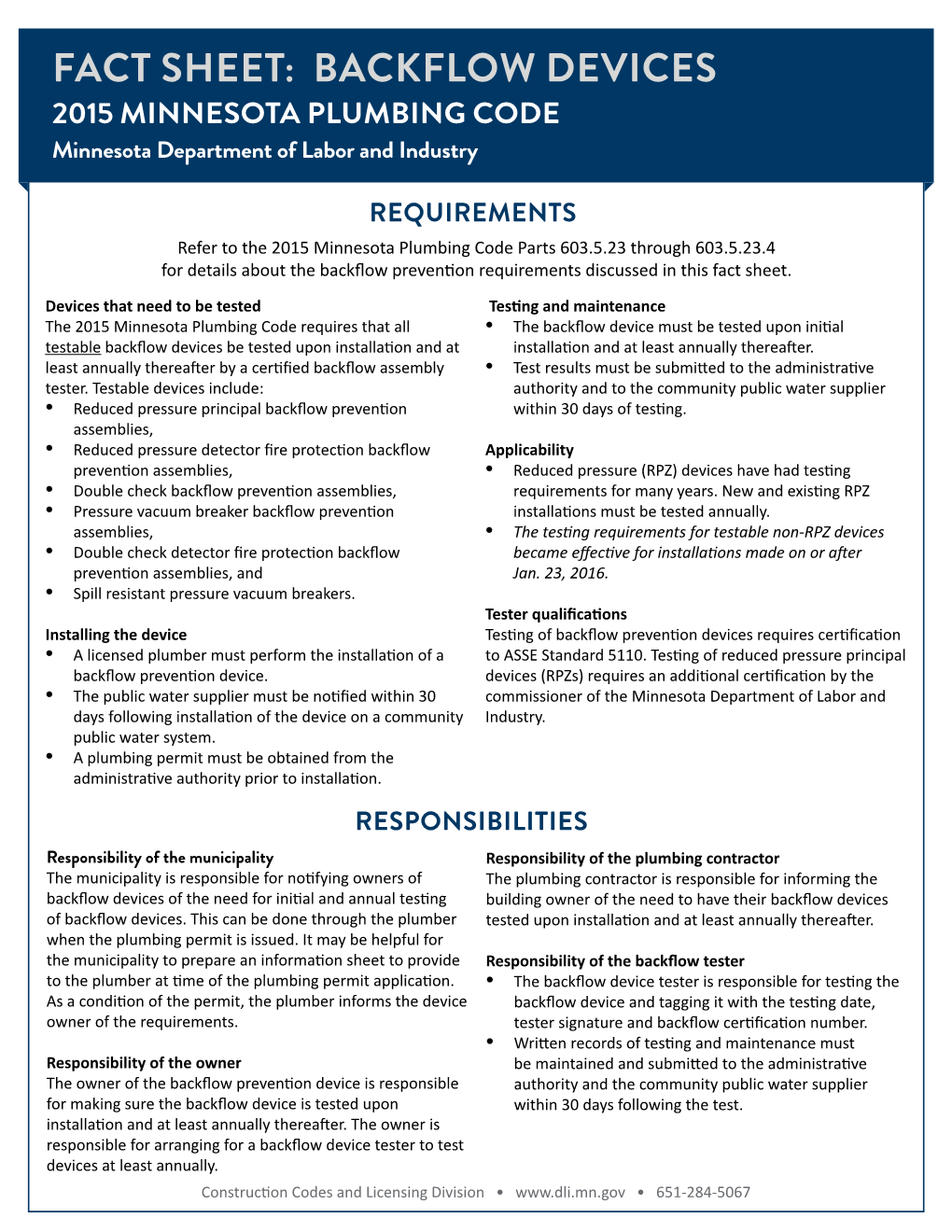 FACT SHEET: BACKFLOW DEVICES 2015 MINNESOTA PLUMBING CODE Minnesota Department of Labor and Industry