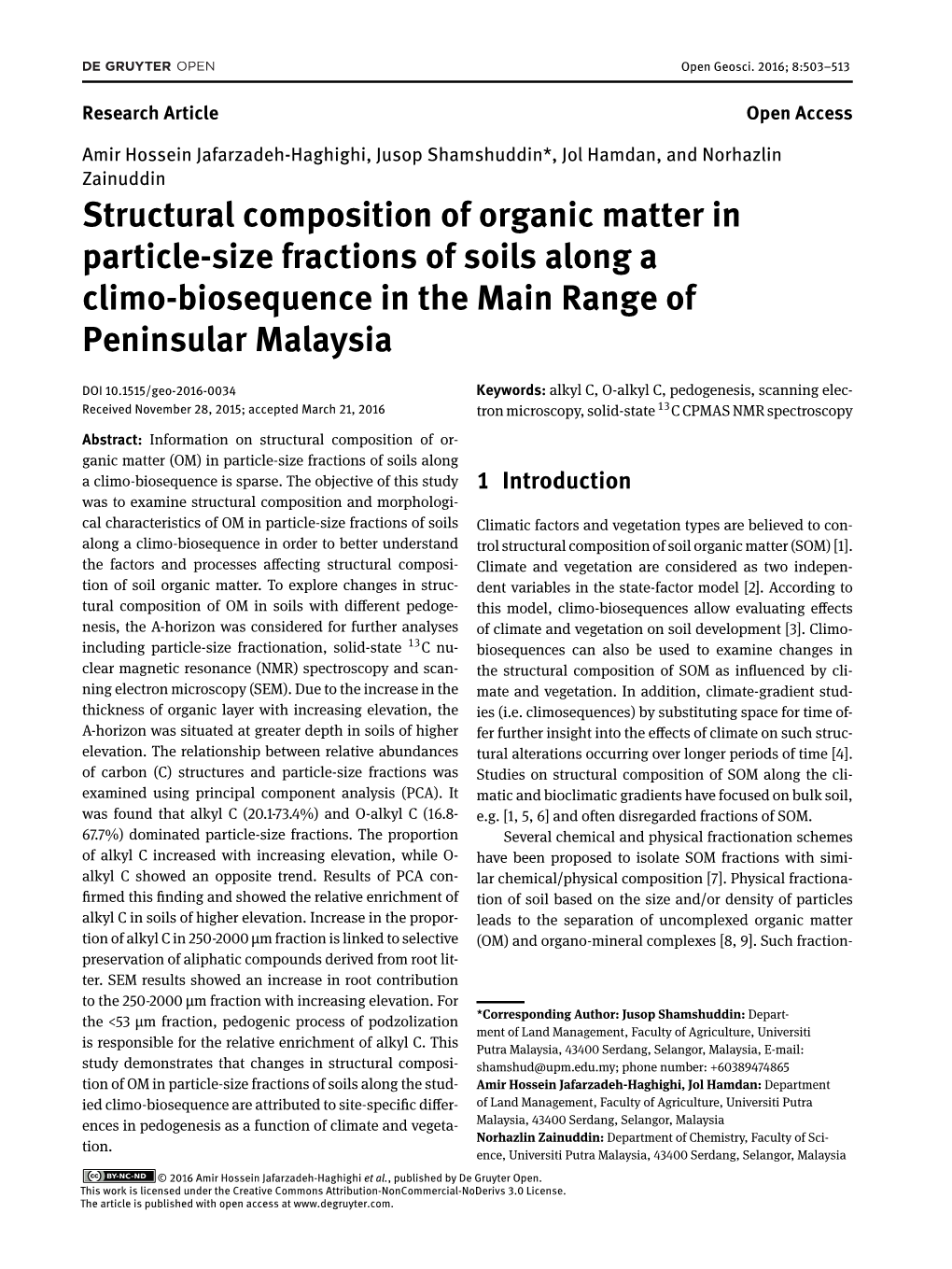 Structural Composition of Organic Matter in Particle-Size Fractions of Soils Along a Climo-Biosequence in the Main Range of Peninsular Malaysia