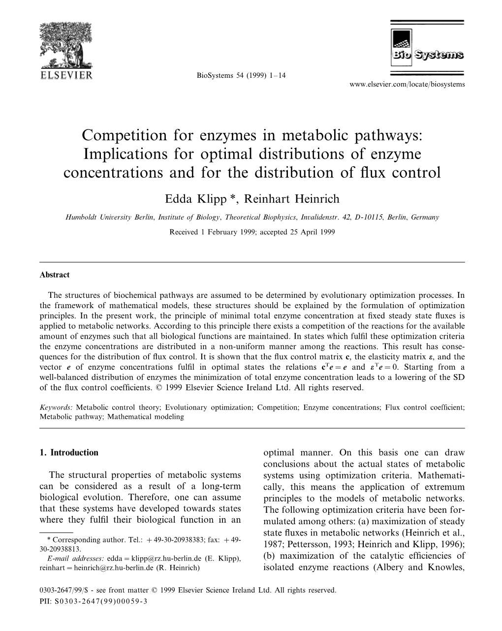 Implications for Optimal Distributions of Enzyme Concentrations and for the Distribution of ﬂux Control