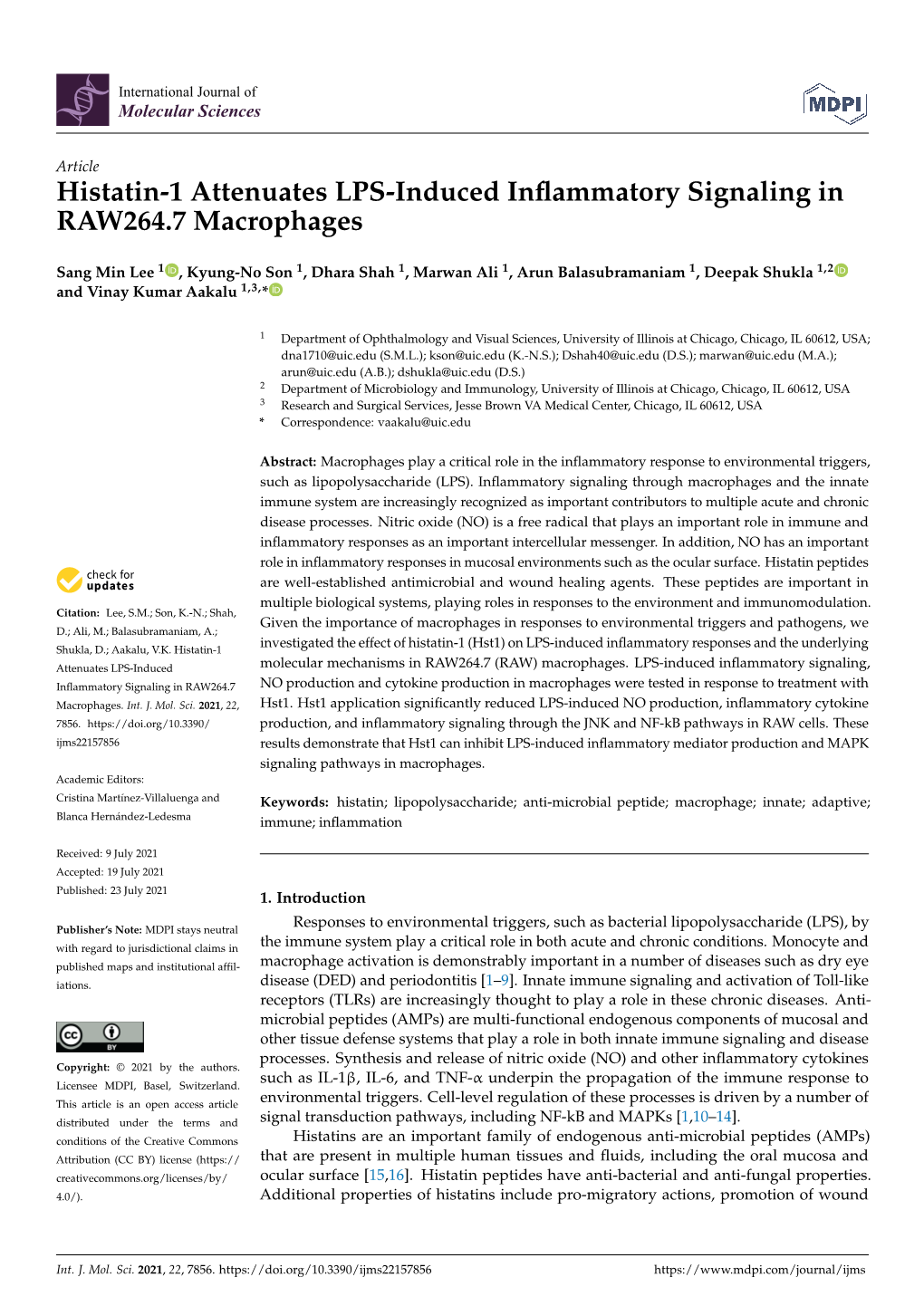 Histatin-1 Attenuates LPS-Induced Inflammatory Signaling in RAW264