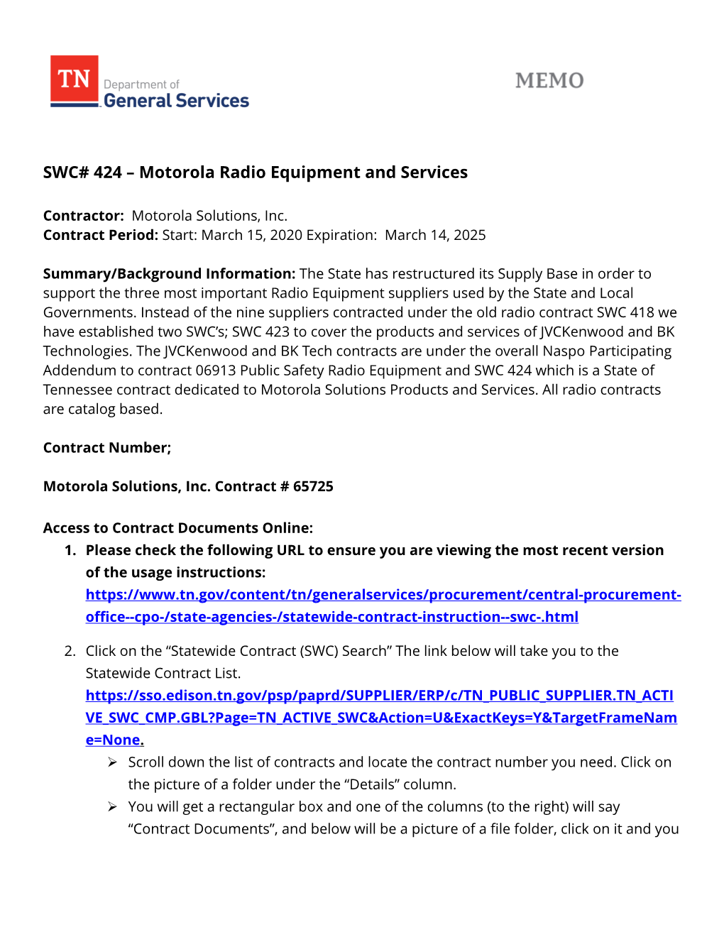 SWC# 424 – Motorola Radio Equipment and Services