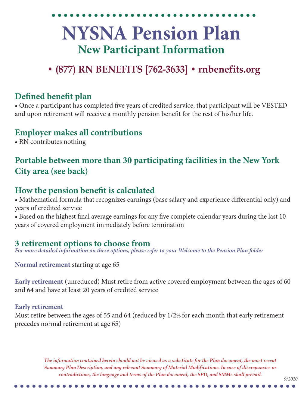 NYSNA Pension Plan New Participant Information • (877) RN BENEFITS [762-3633] • Rnbenefits.Org