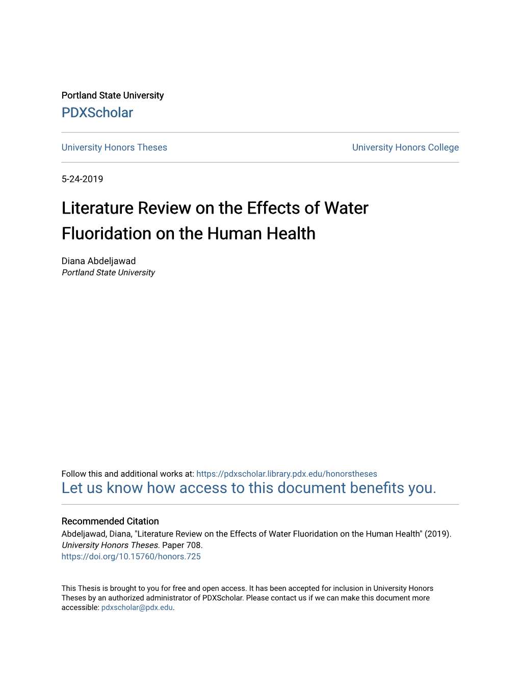 Literature Review on the Effects of Water Fluoridation on the Human Health