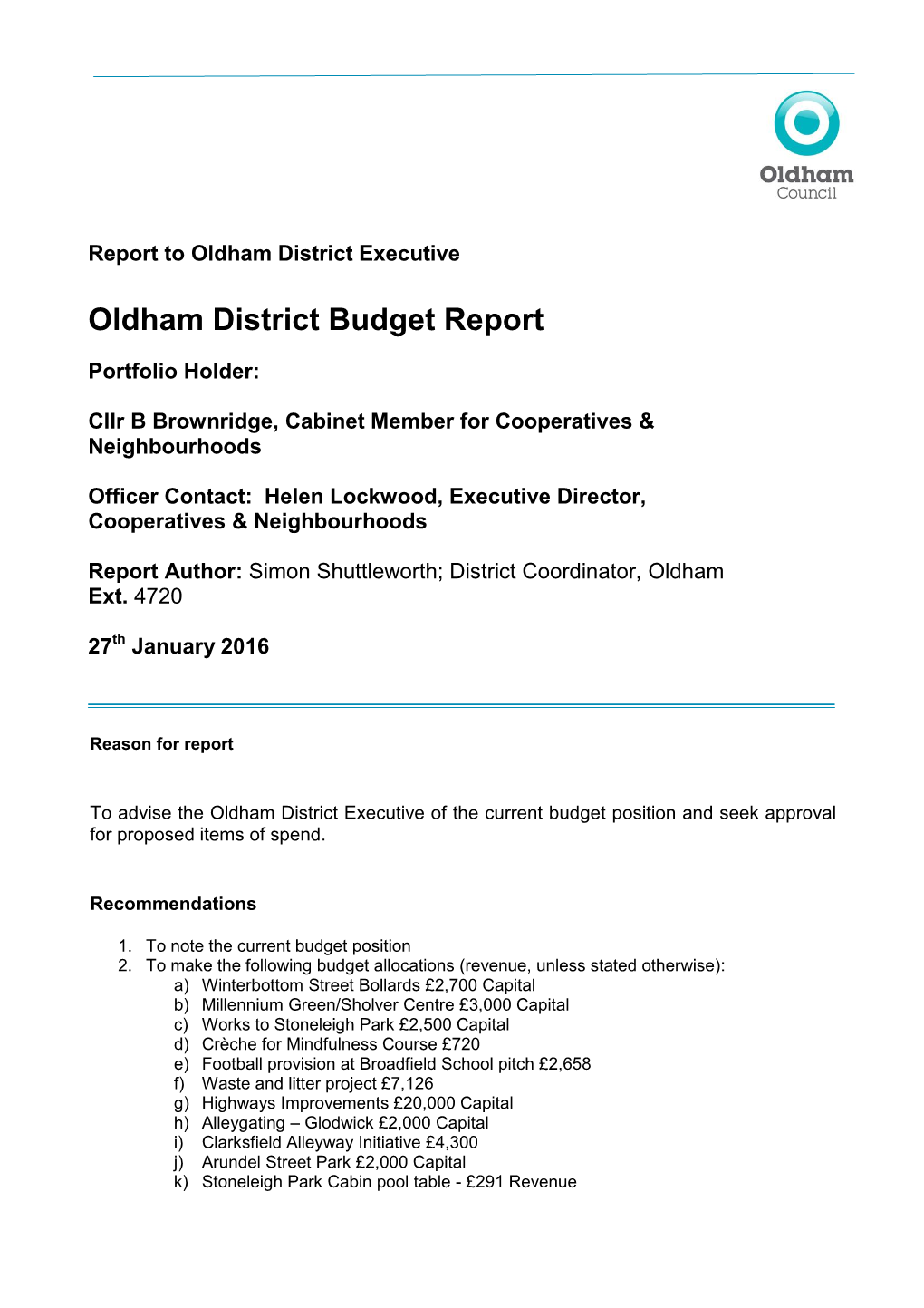 Oldham District Budget Report