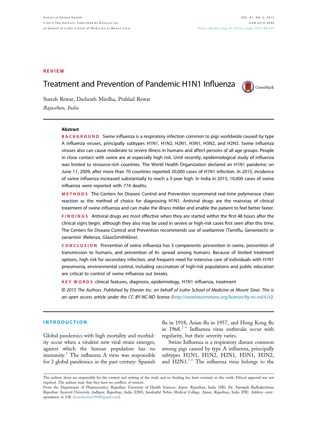 Treatment and Prevention of Pandemic H1N1 Influenza