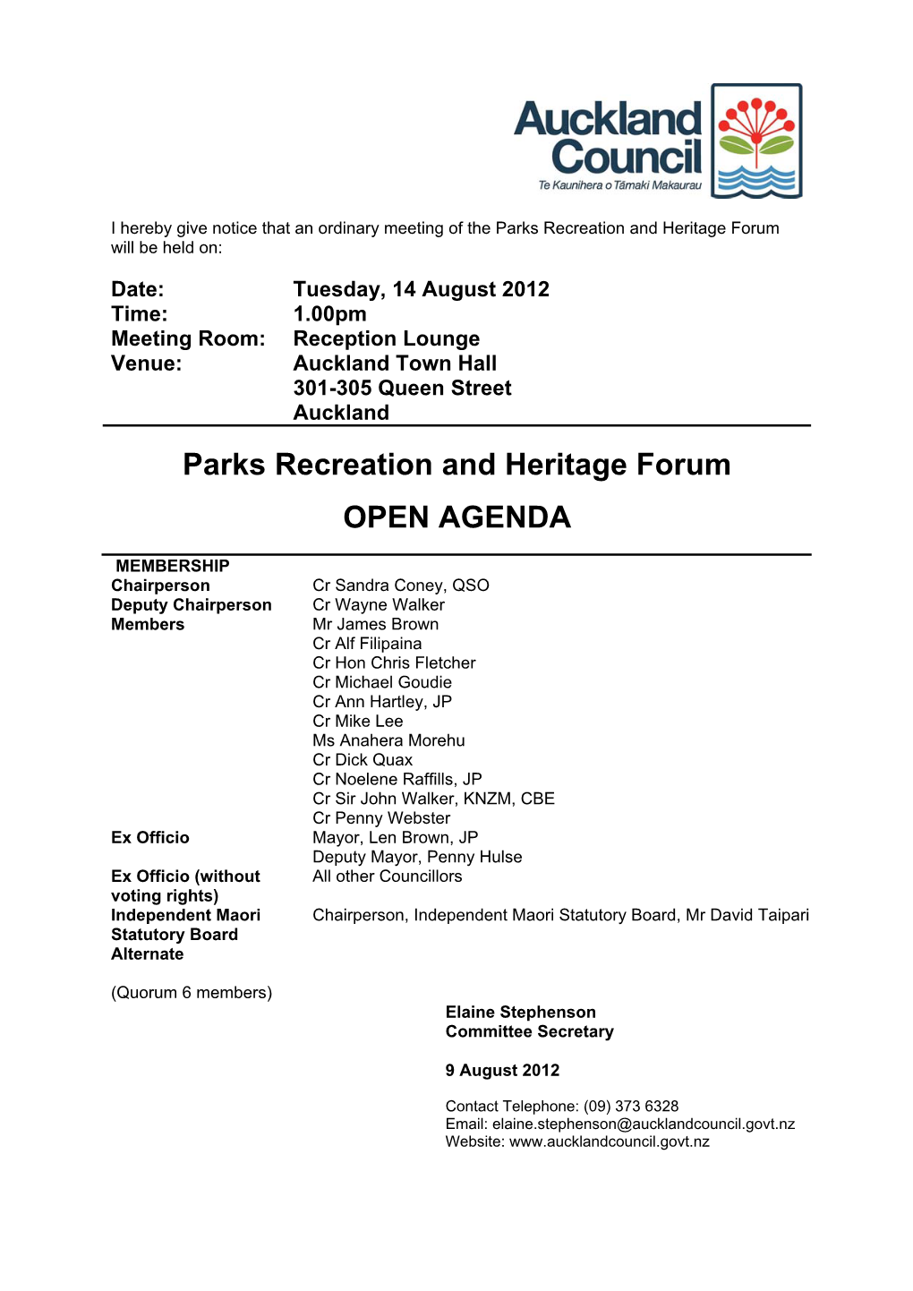 Parks Recreation and Heritage Forum Agenda