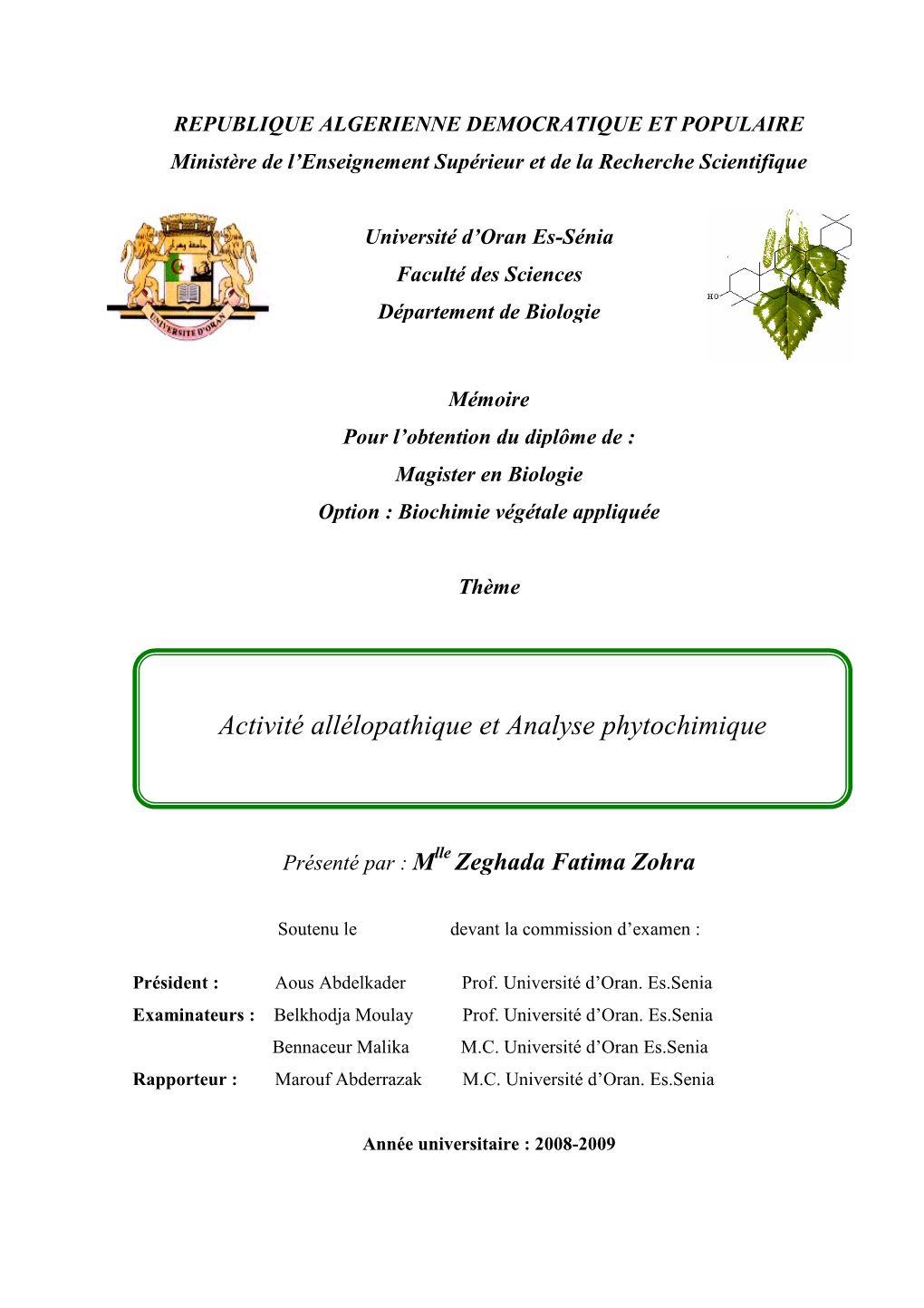 Activité Allélopathique Et Analyse Phytochimique