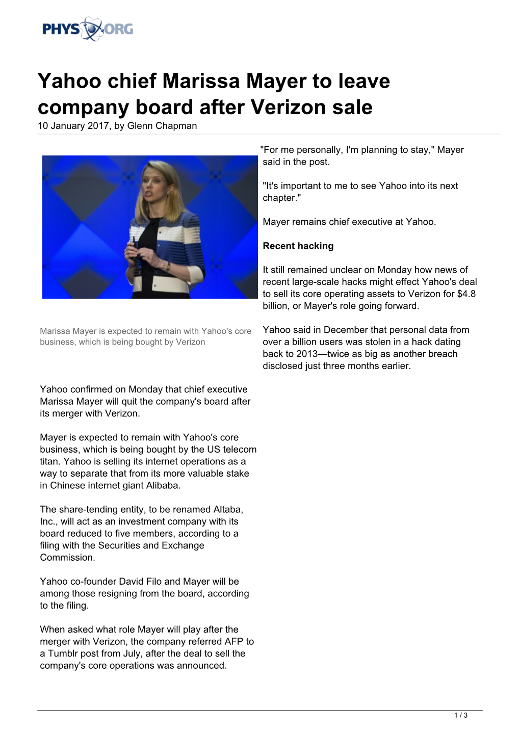 Yahoo Chief Marissa Mayer to Leave Company Board After Verizon Sale 10 January 2017, by Glenn Chapman