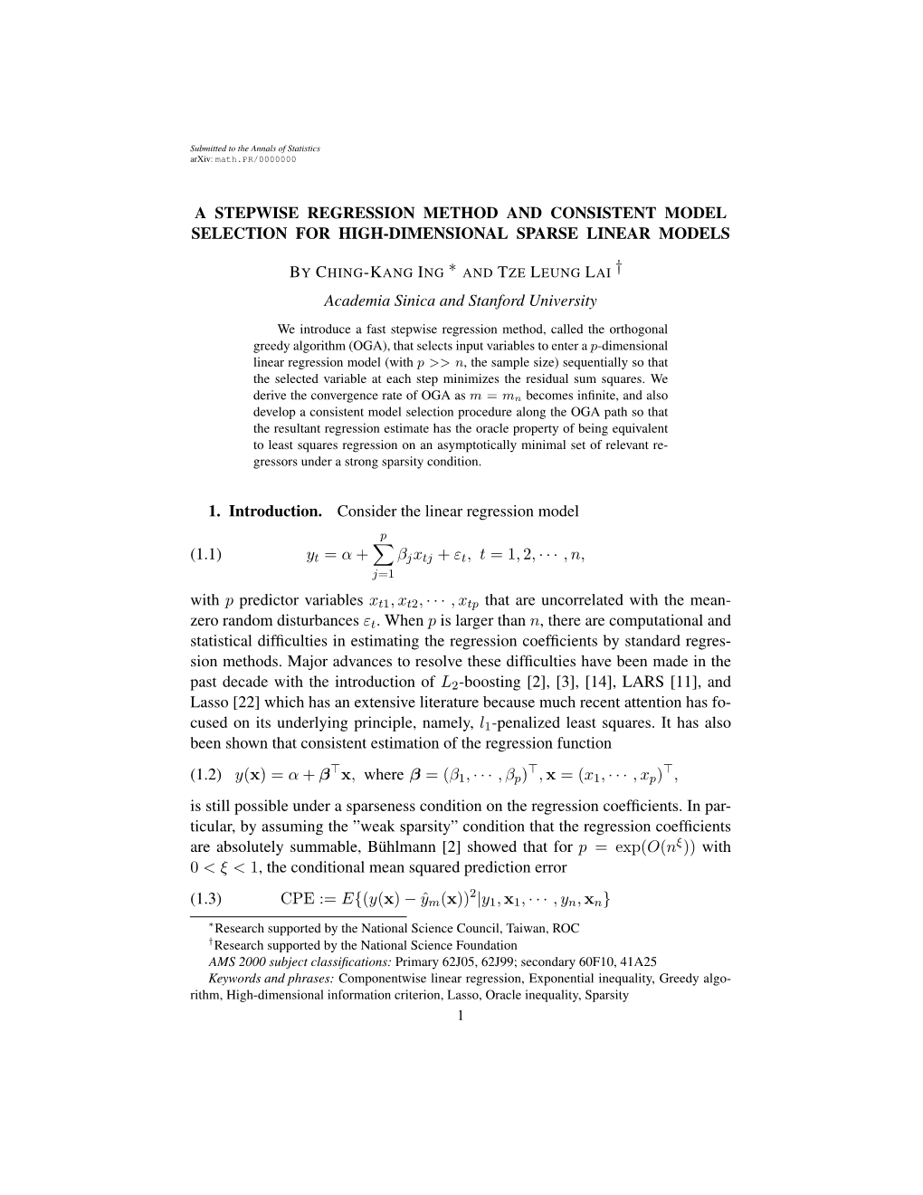 A Stepwise Regression Method and Consistent Model Selection for High-Dimensional Sparse Linear Models