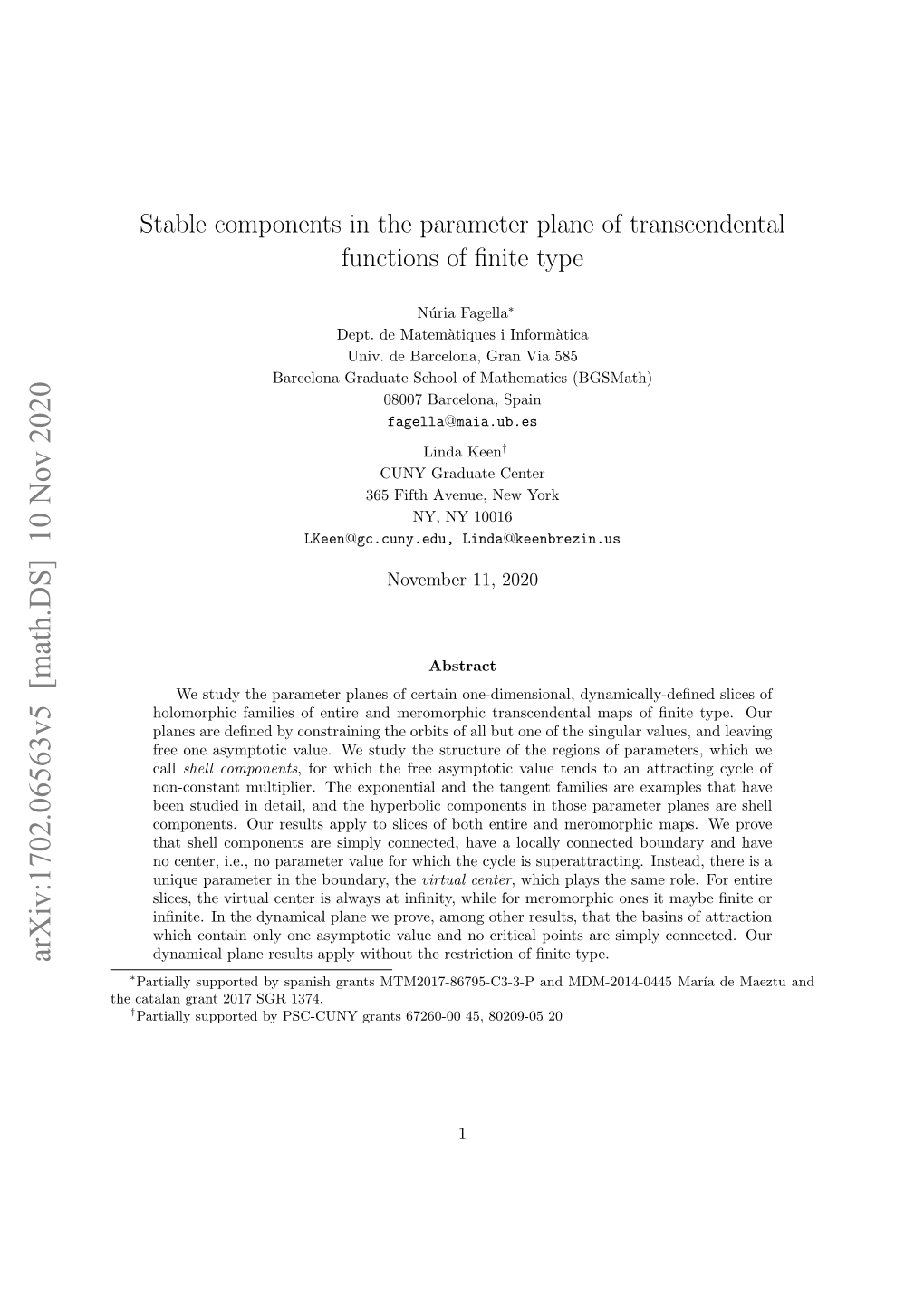 Stable Components in the Parameter Plane of Transcendental Functions of Finite Type