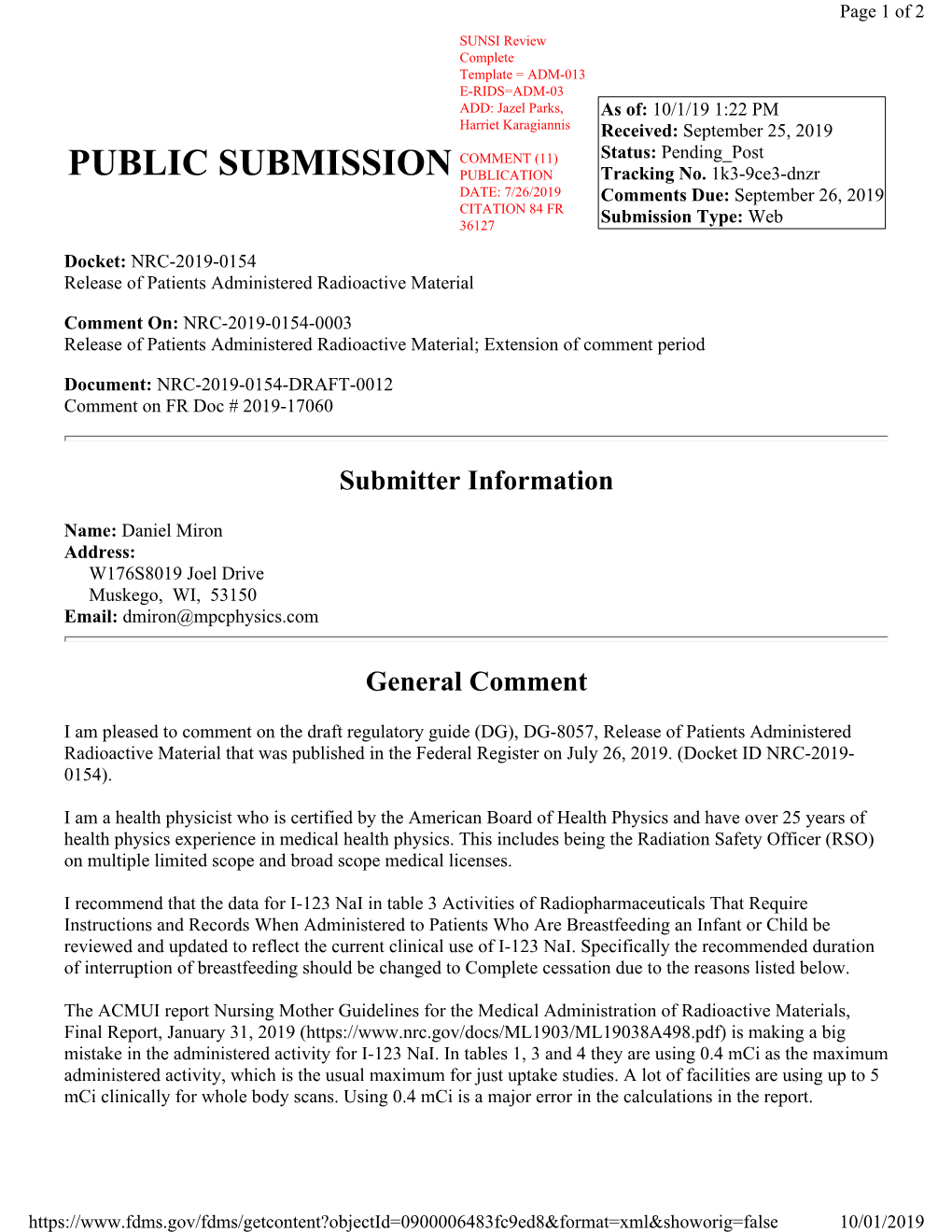 COMMENT (11) Status: Pending Post PUBLIC SUBMISSION PUBLICATION Tracking No