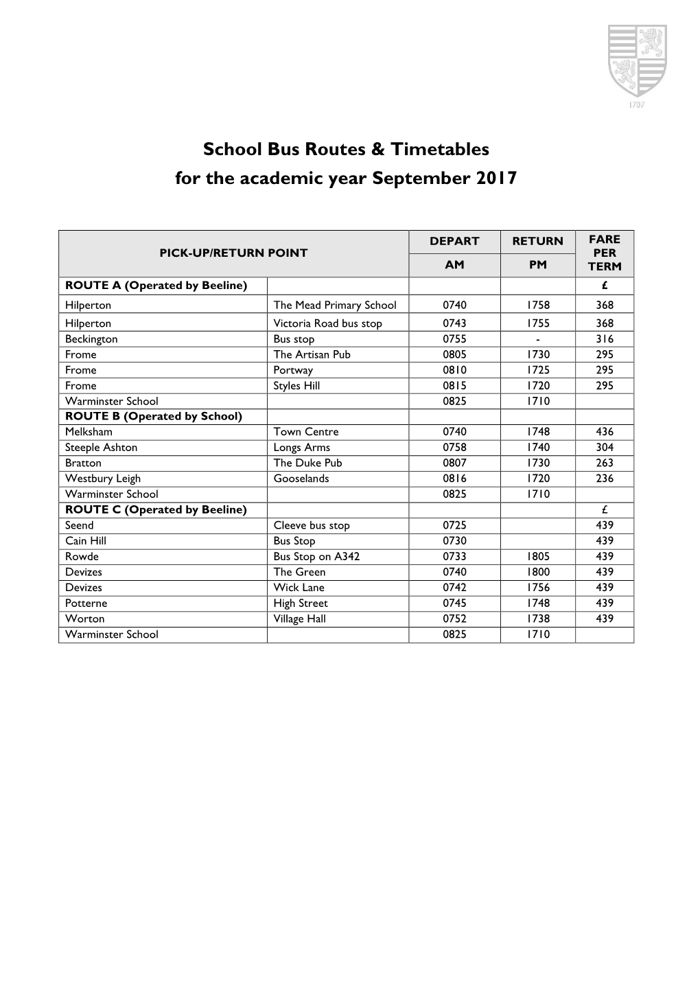 School Bus Routes & Timetables for the Academic Year September 2017