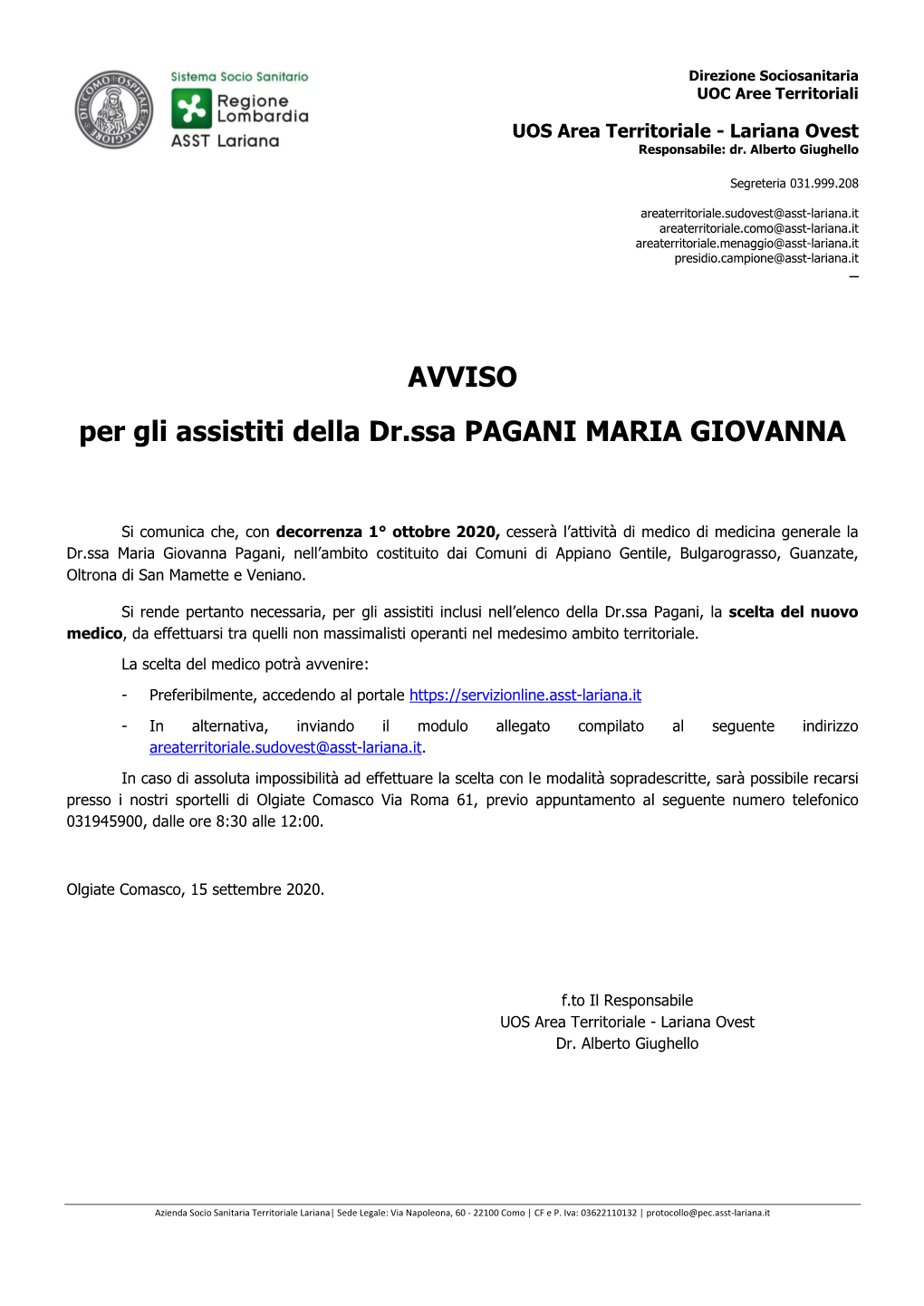 Avviso Cessazione Dr.Ssa Maria Giovanna Pagani