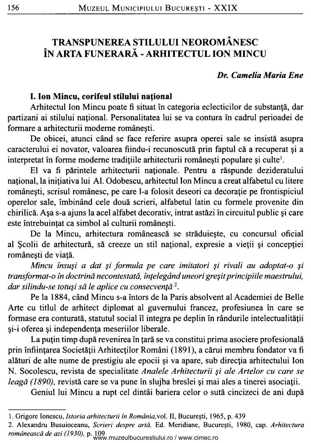 Transpunerea Stilului Neoromânesc În Arta Funerară -Arhitectul Ion Mincu