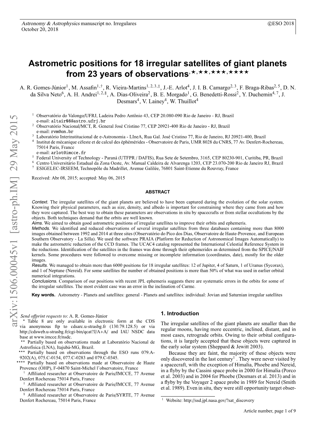 Astrometric Positions for 18 Irregular Satellites of Giant Planets from 23