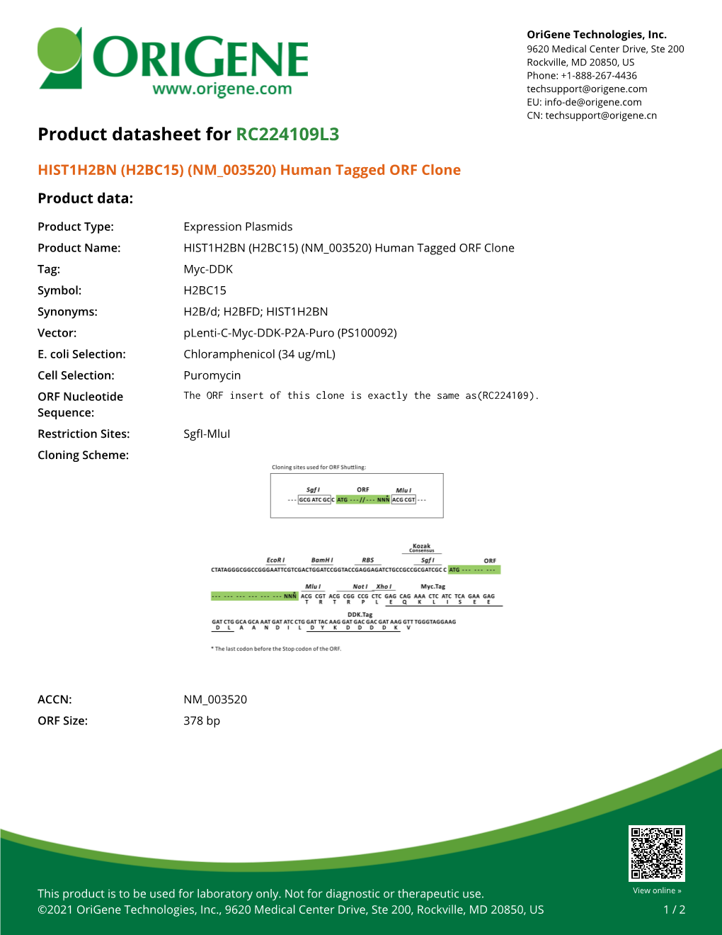 HIST1H2BN (H2BC15) (NM 003520) Human Tagged ORF Clone Product Data