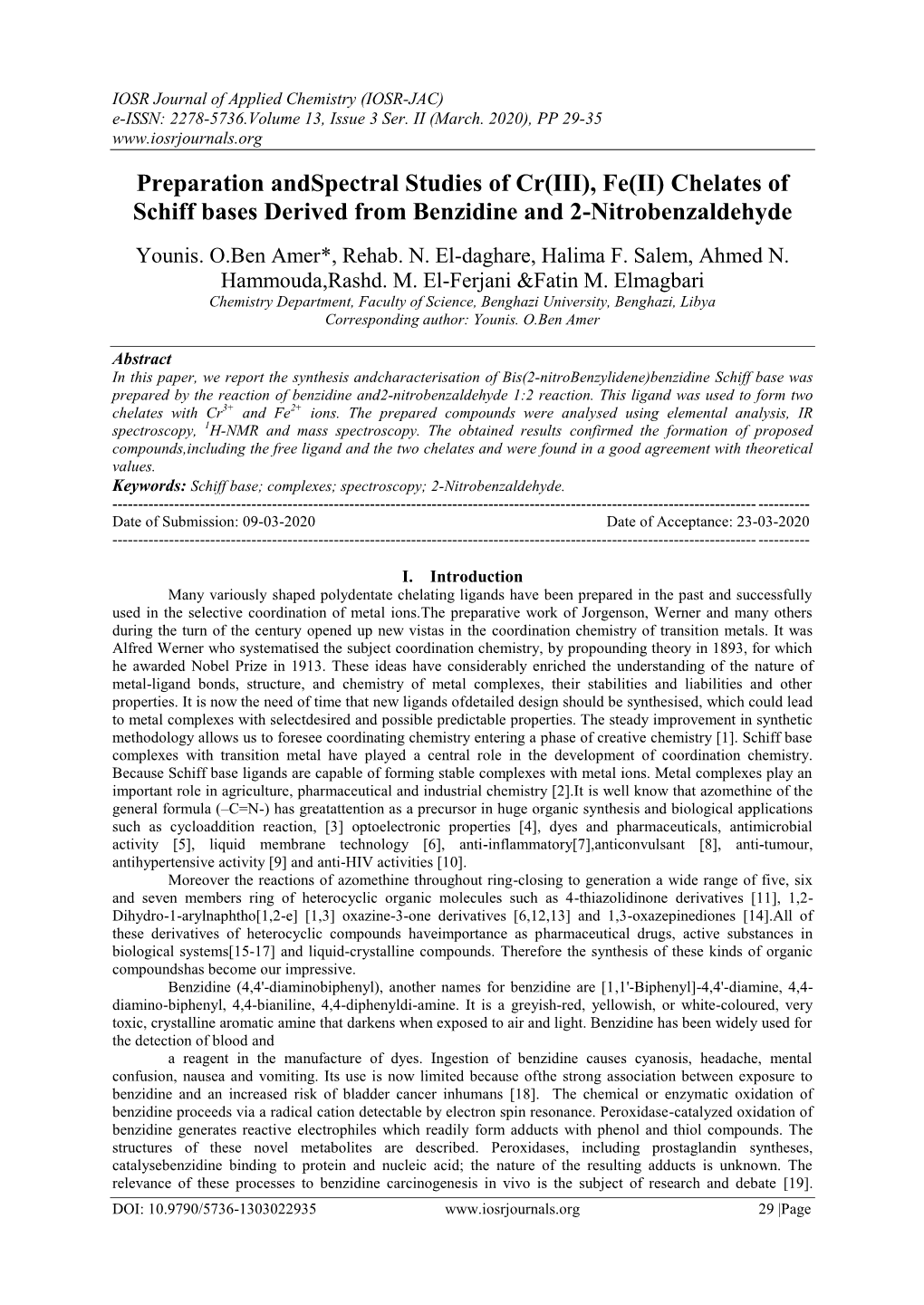 Preparation Andspectral Studies of Cr(III), Fe(II) Chelates of Schiff Bases Derived from Benzidine and 2-Nitrobenzaldehyde