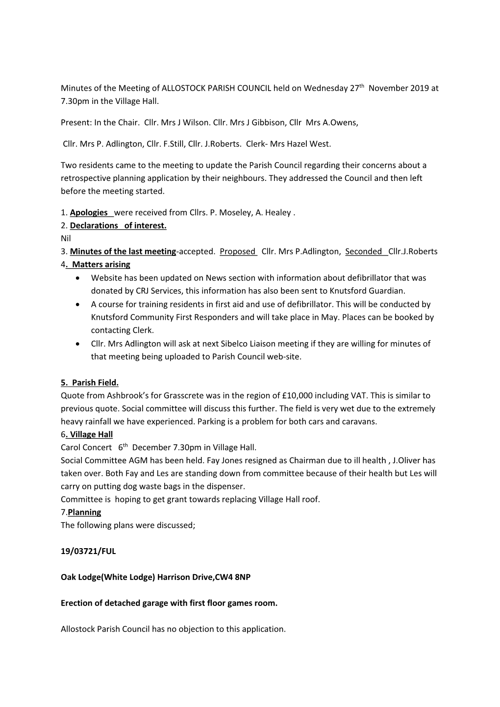 Minutes of the Meeting of ALLOSTOCK PARISH COUNCIL Held on Wednesday 27Th November 2019 at 7.30Pm in the Village Hall. Present