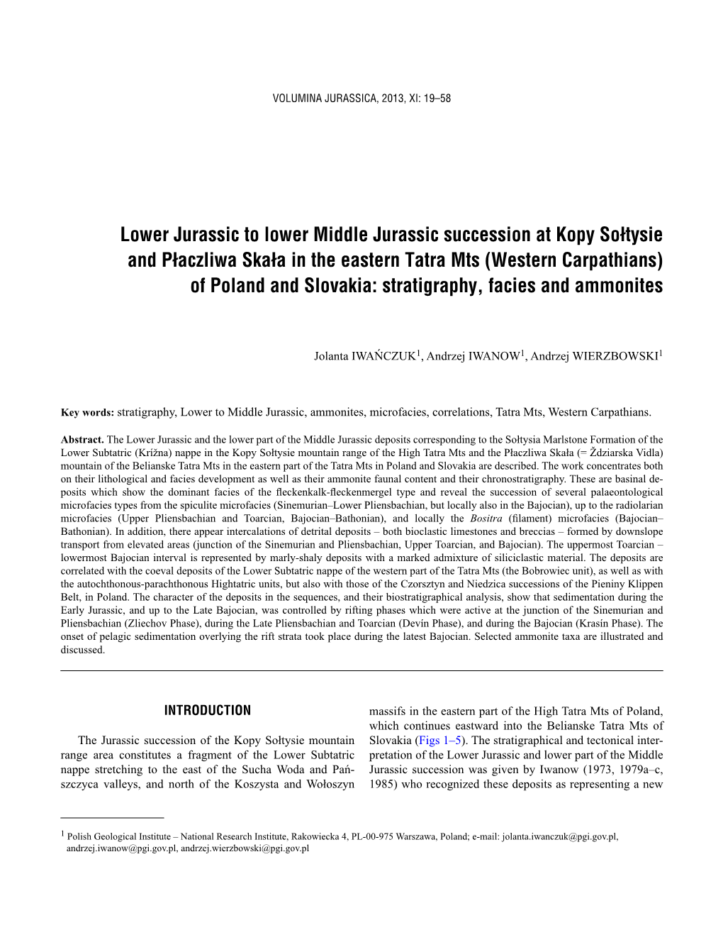 Lower Jurassic to Lower Middle Jurassic Succession at Kopy Sołtysie and Płaczliwa Skała in the Eastern Tatra Mts (Western