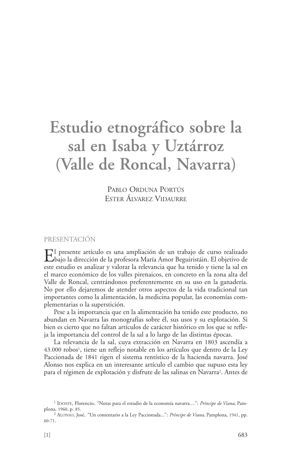 Estudio Etnográfico Sobre La Sal En Isaba Y Uztárroz (Valle De Roncal, Navarra)