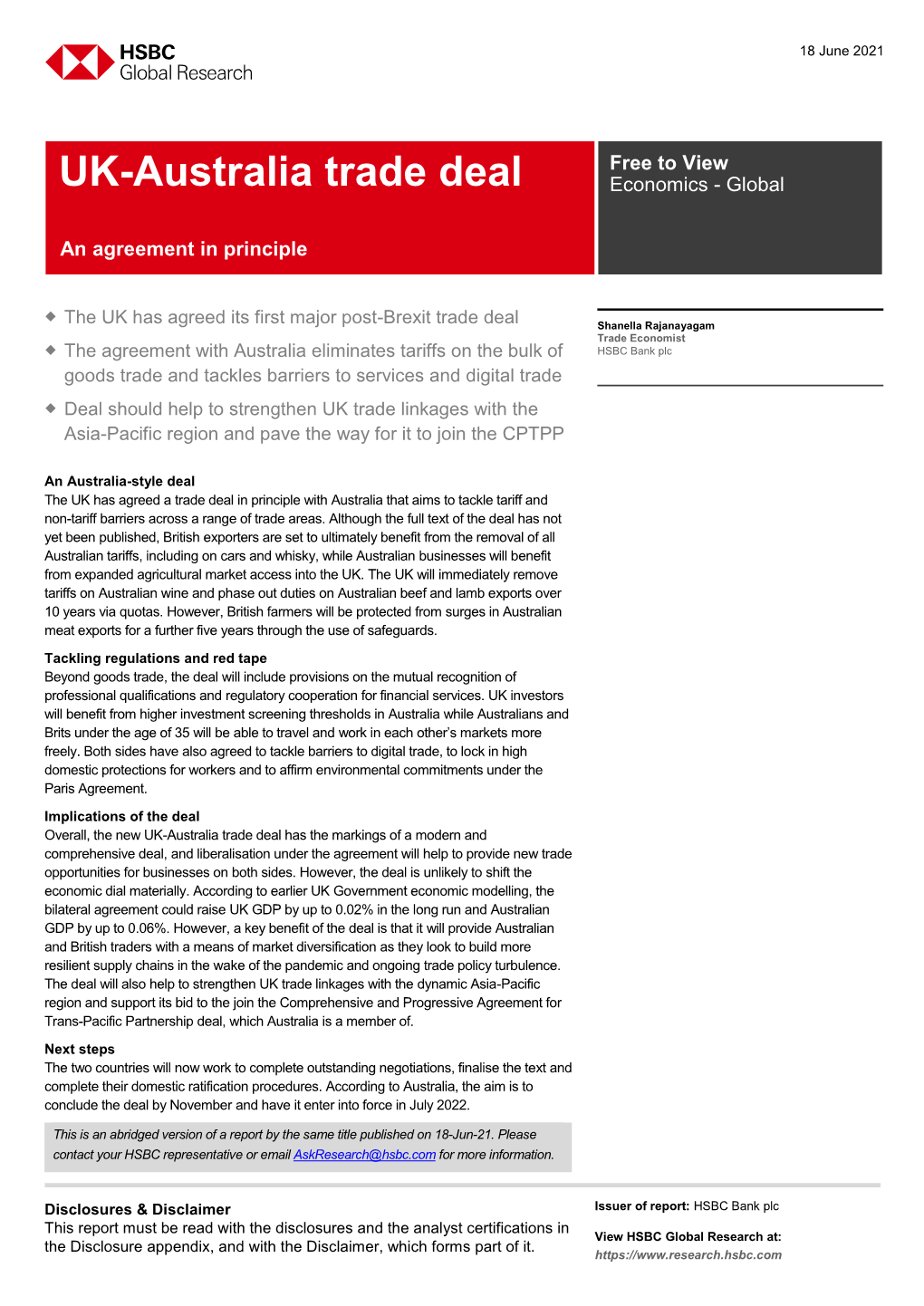 UK-Australia Trade Deal Economics - Global