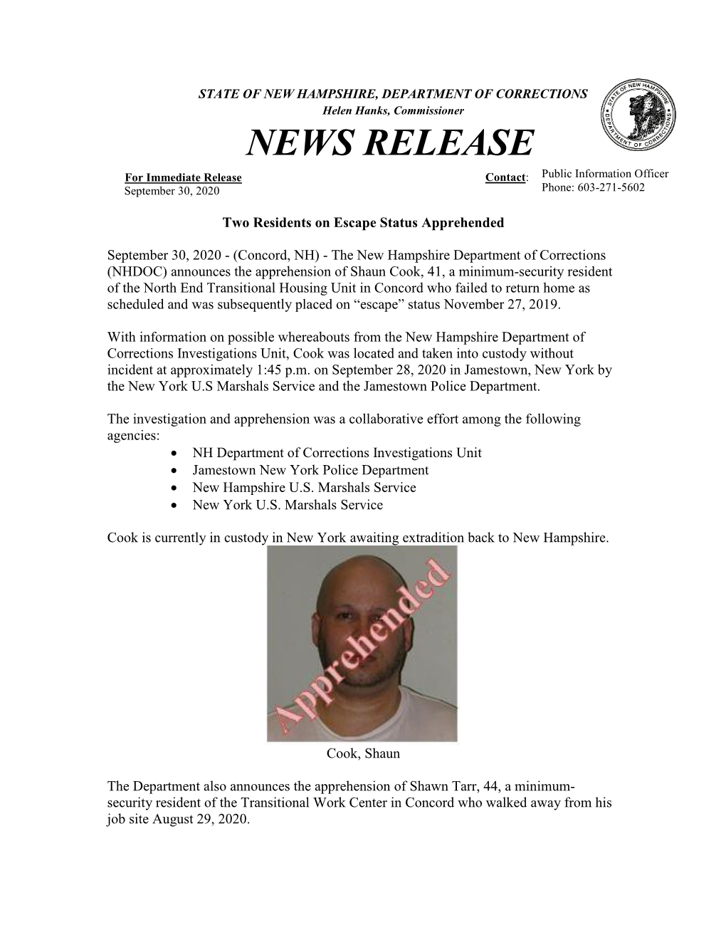 NEWS RELEASE for Immediate Release Contact: Public Information Officer September 30, 2020 Phone: 603-271-5602