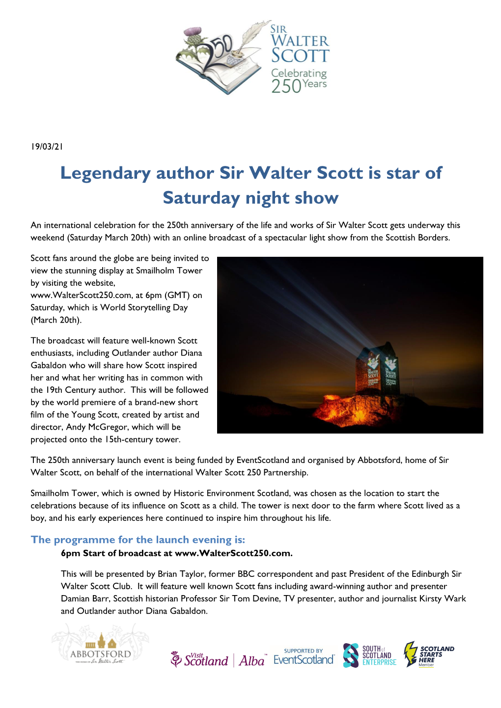 Legendary Author Sir Walter Scott Is Star of Saturday Night Show