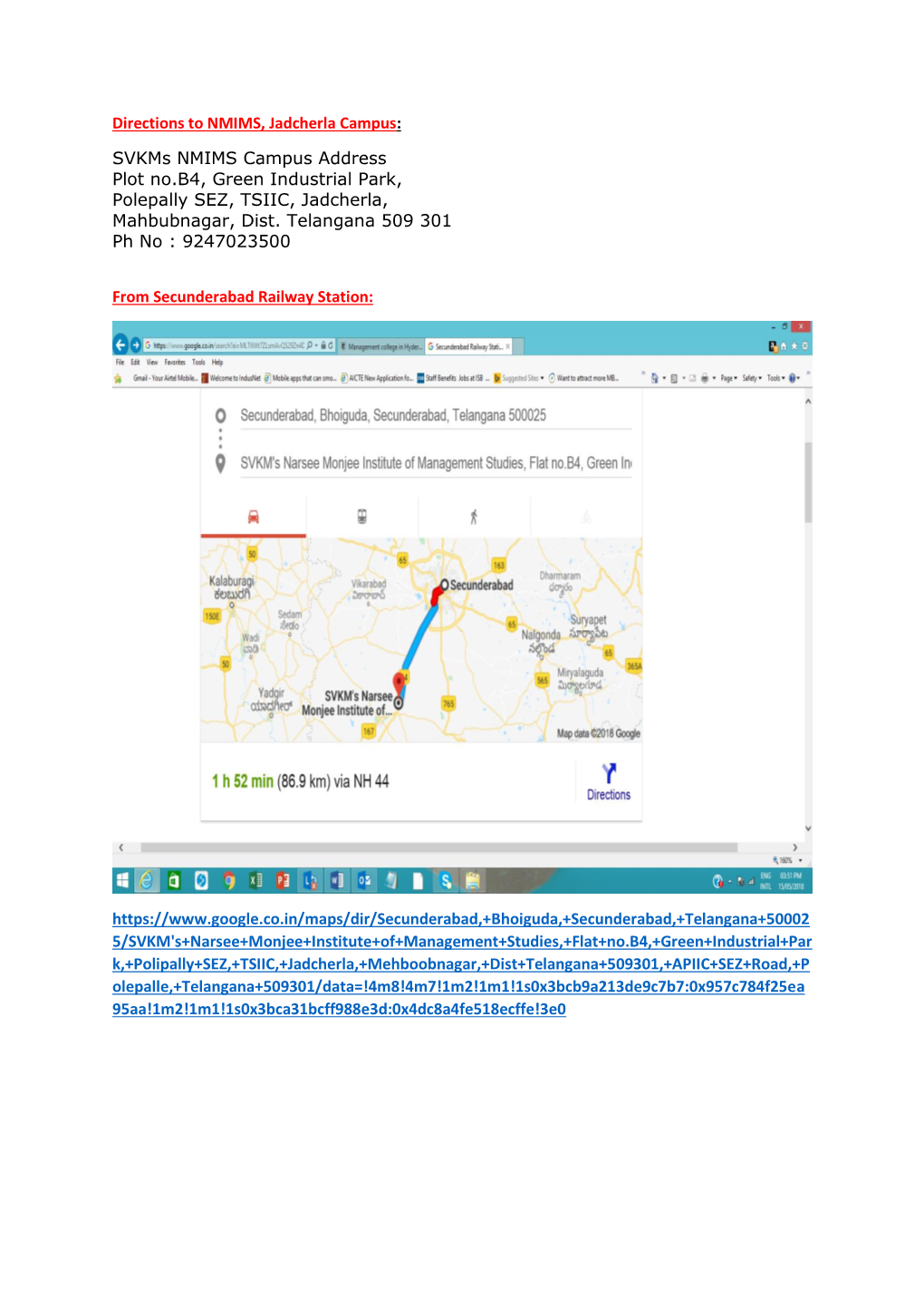 Directions to NMIMS, Jadcherla Campus