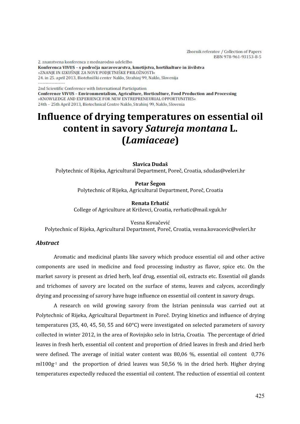 Influence of Drying Temperatures on Essential Oil Content in Savory Satureja Montana L