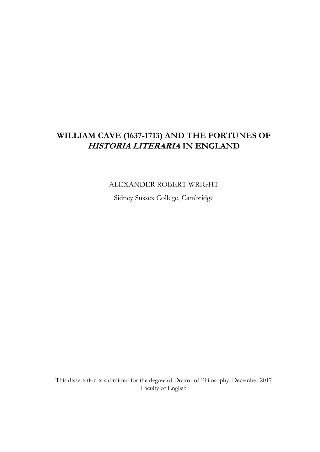 William Cave (1637-1713) and the Fortunes of Historia Literaria in England