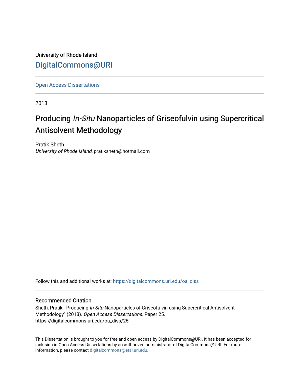 Producing In-Situ Nanoparticles of Griseofulvin Using Supercritical Antisolvent Methodology