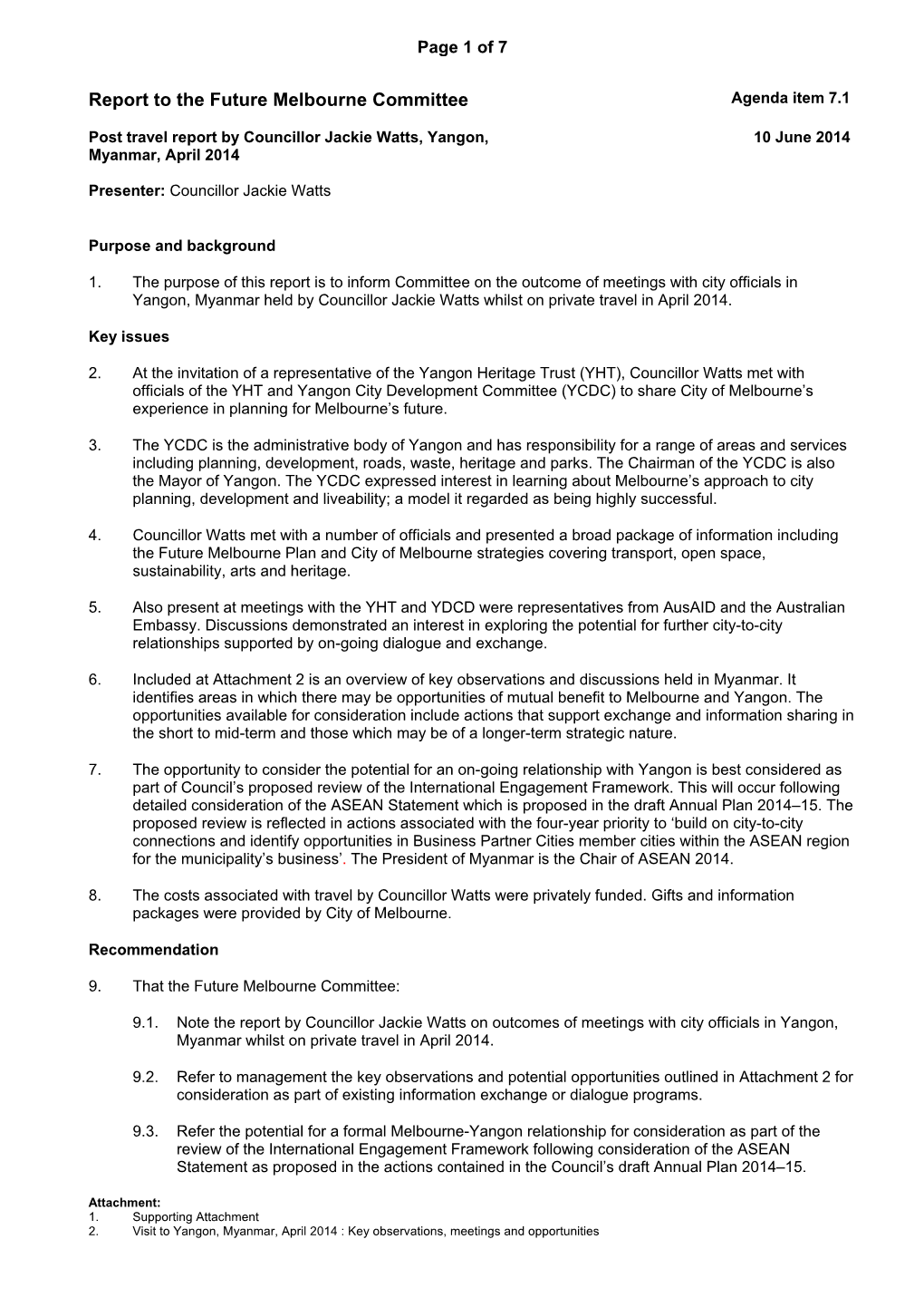 Report to the Future Melbourne Committee Agenda Item 7.1