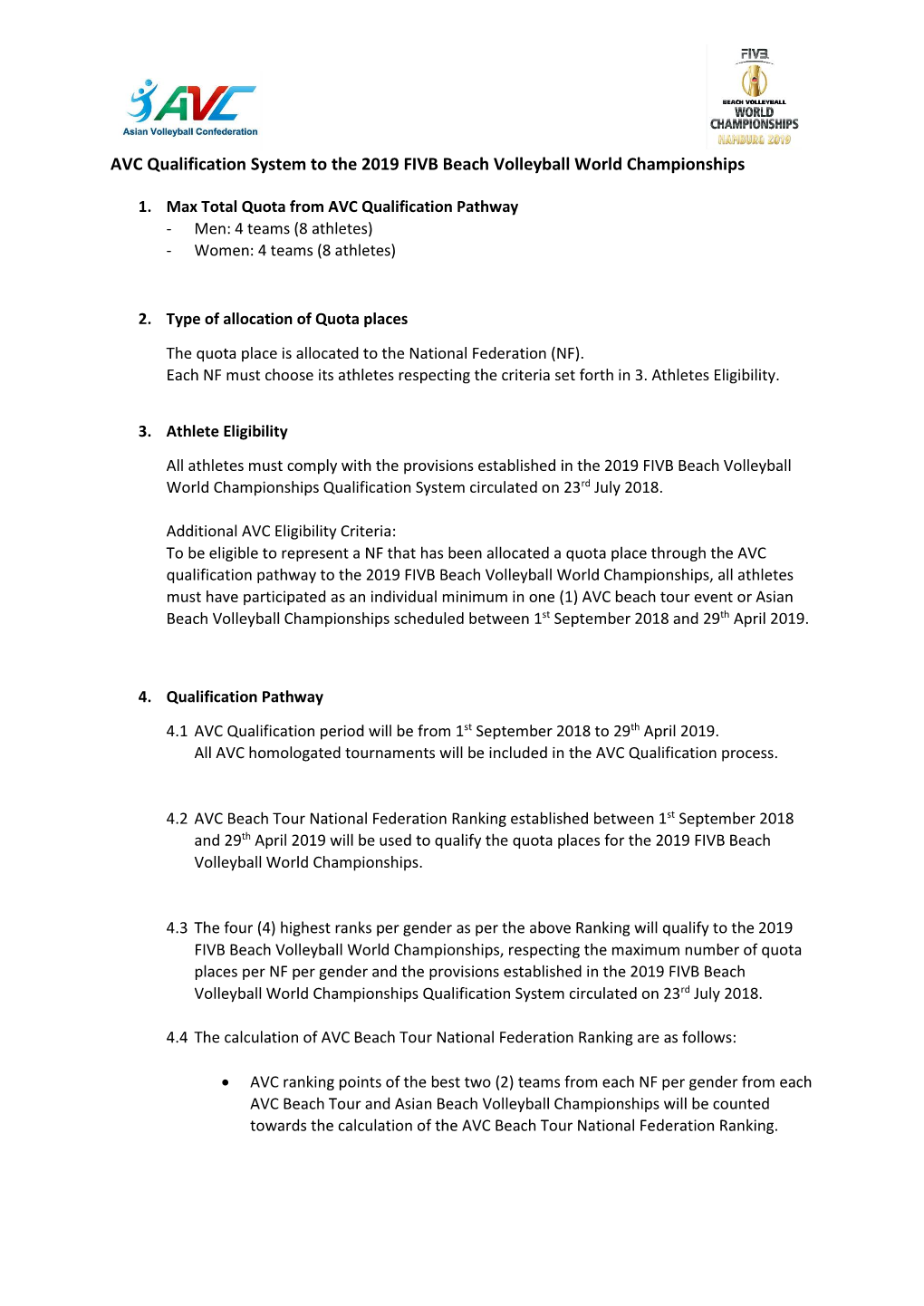 AVC Qualification System to the 2019 FIVB Beach Volleyball World Championships