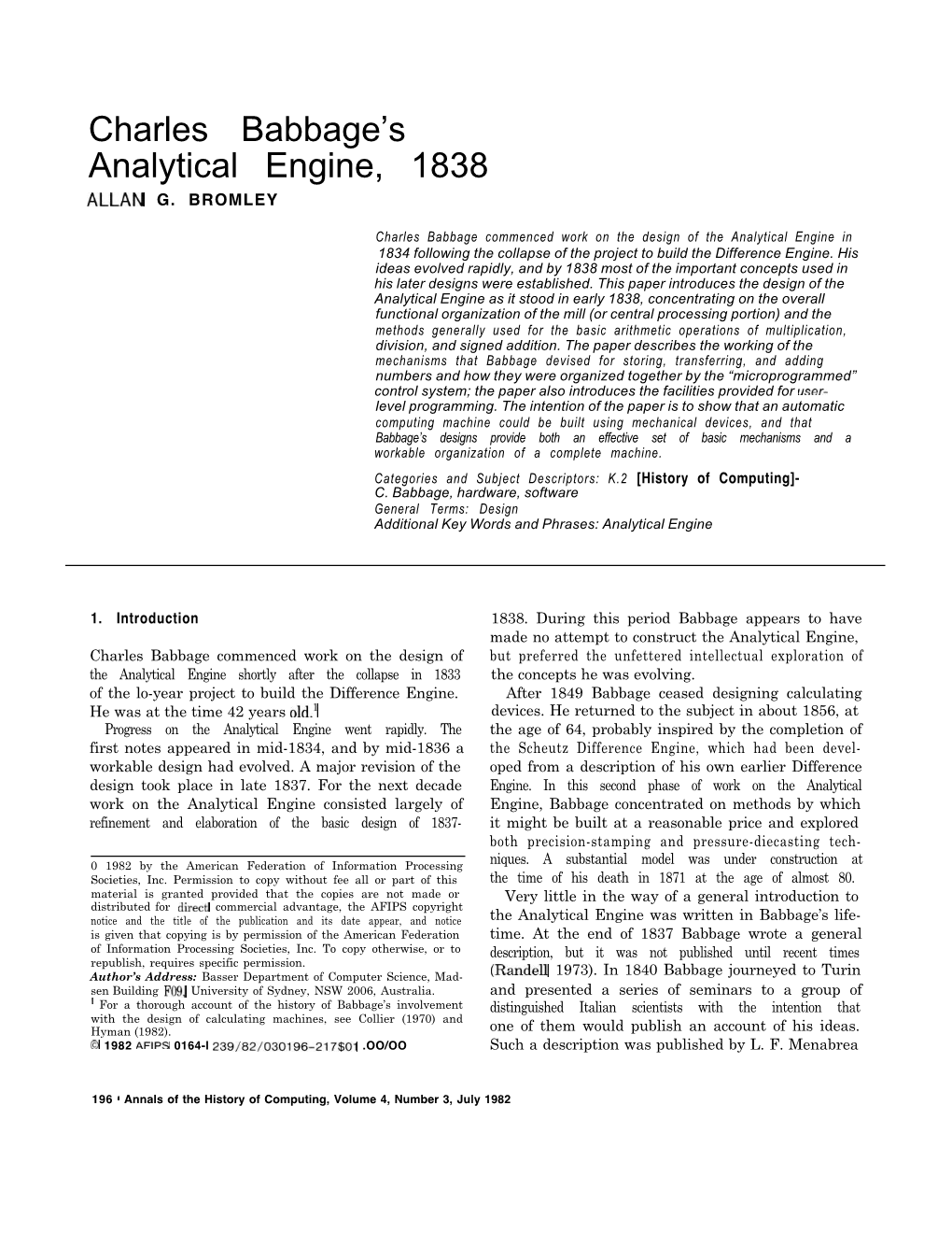 Analytical Engine, 1838 ALLAN G