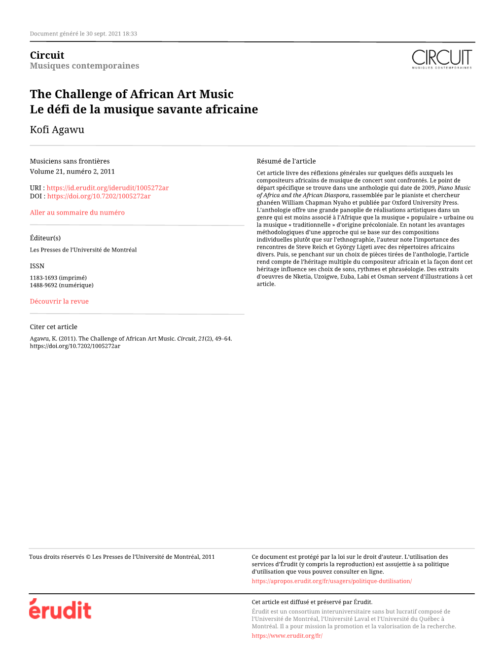 The Challenge of African Art Music Le Défi De La Musique Savante Africaine Kofi Agawu