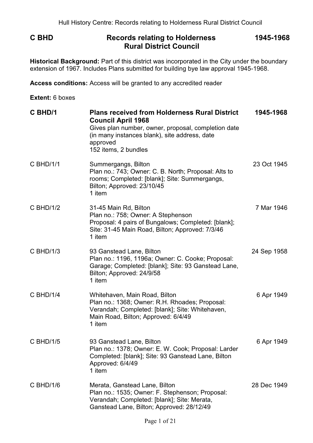 C BHD Records Relating to Holderness 1945-1968 Rural District Council