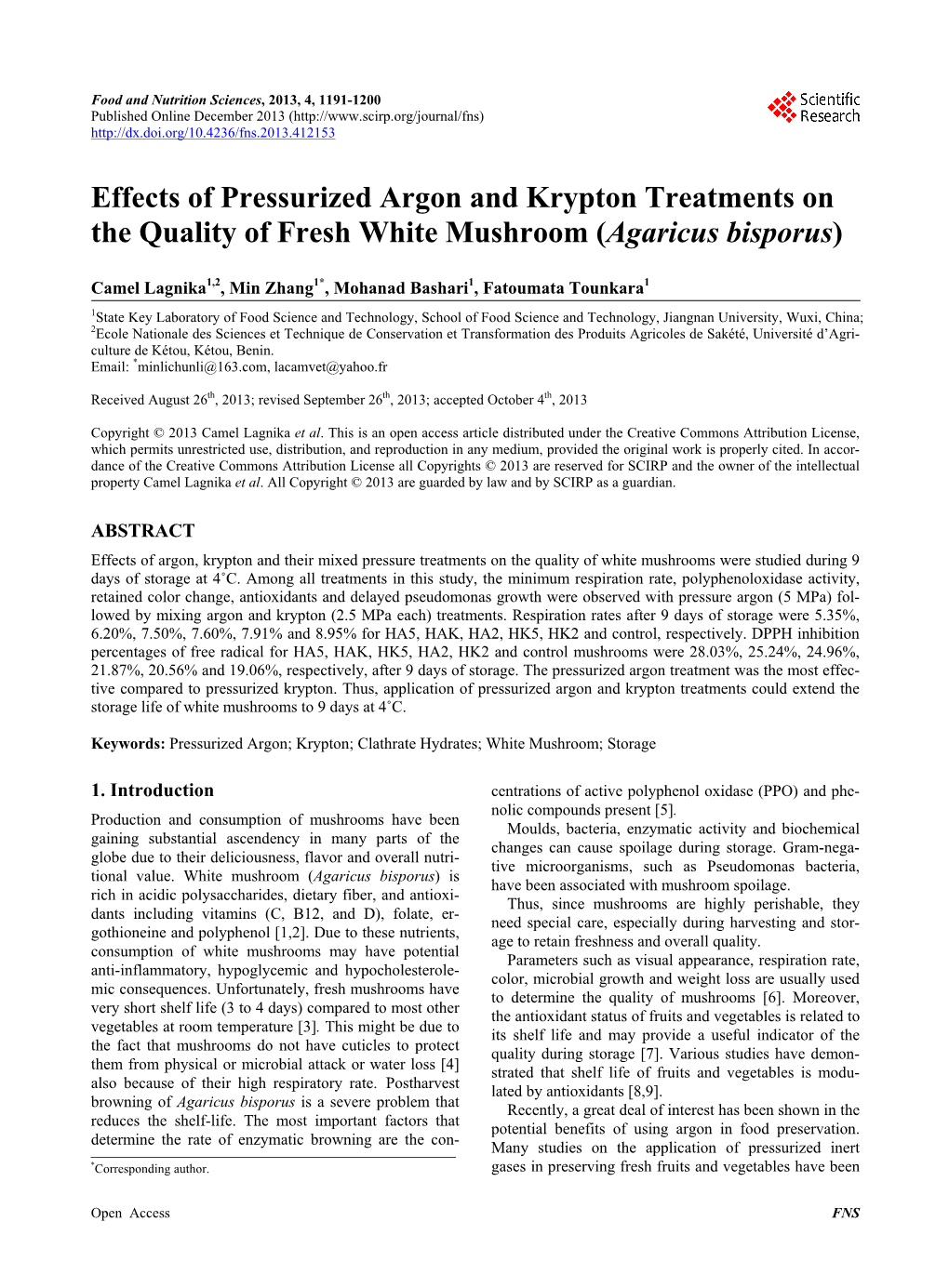 Effects of Pressurized Argon and Krypton Treatments on the Quality of Fresh White Mushroom (Agaricus Bisporus)