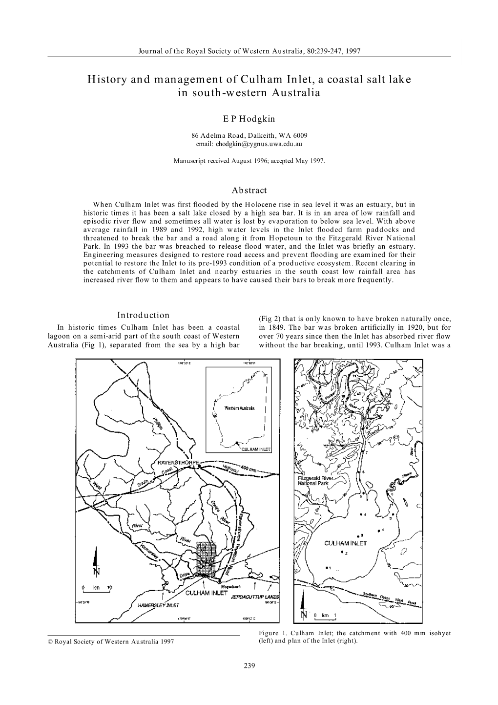 History and Management of Culham Inlet, a Coastal Salt Lake in South-Western Australia