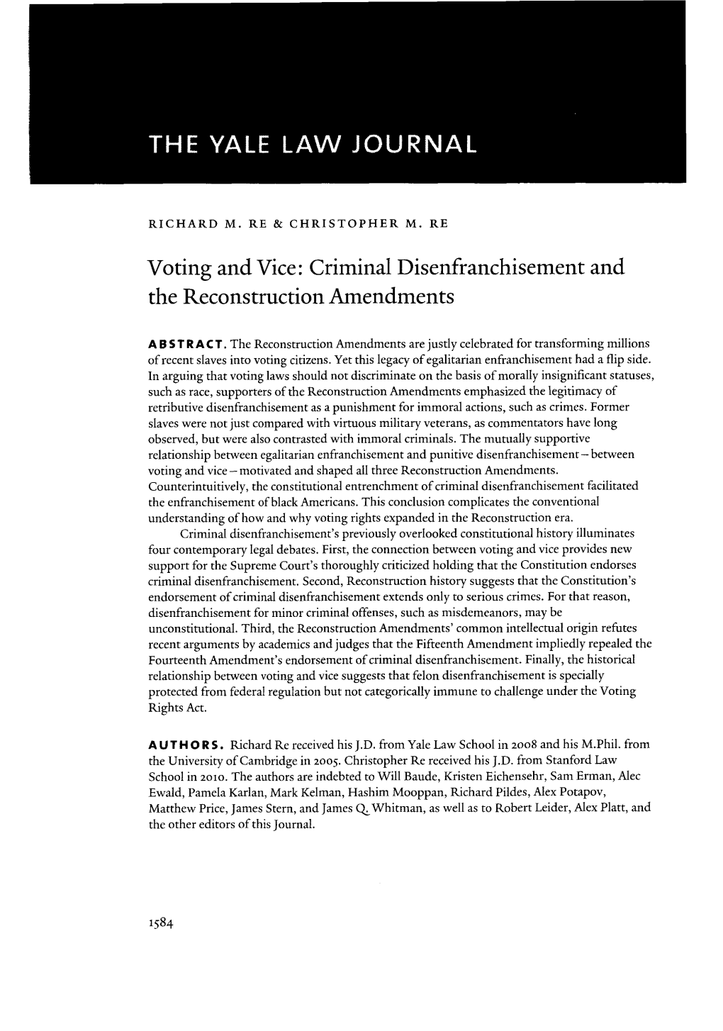 Criminal Disenfranchisement and the Reconstruction Amendments