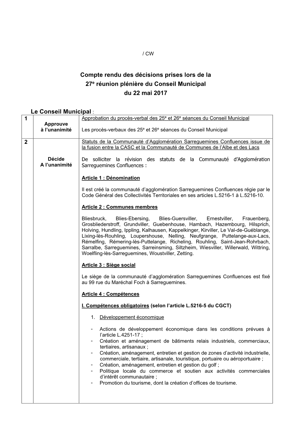 Compte Rendu Des Décisions Prises Lors De La 27E Réunion Plénière Du Conseil Municipal Du 22 Mai 2017 Le Conseil Municipal