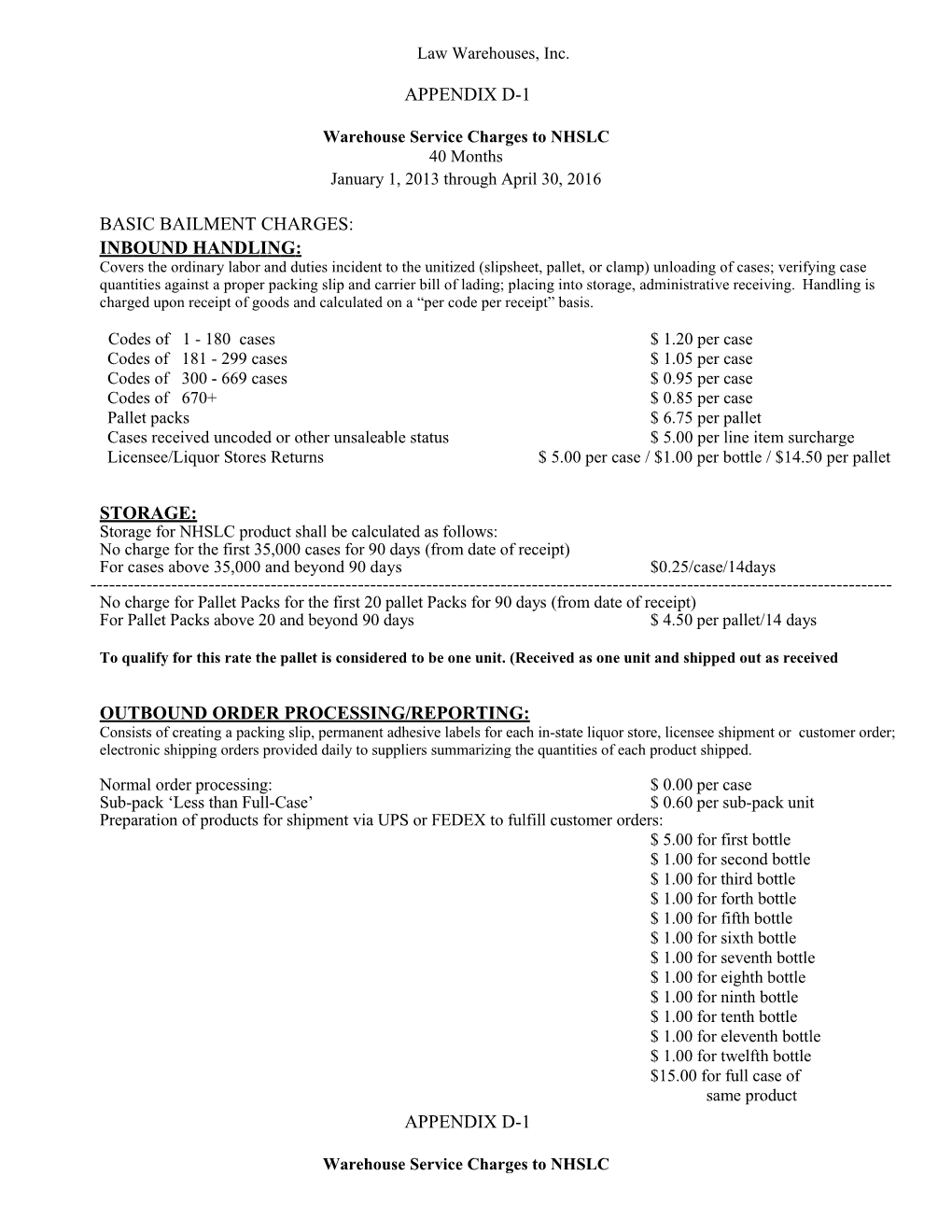 Warehouse Service Charges to NHSLC