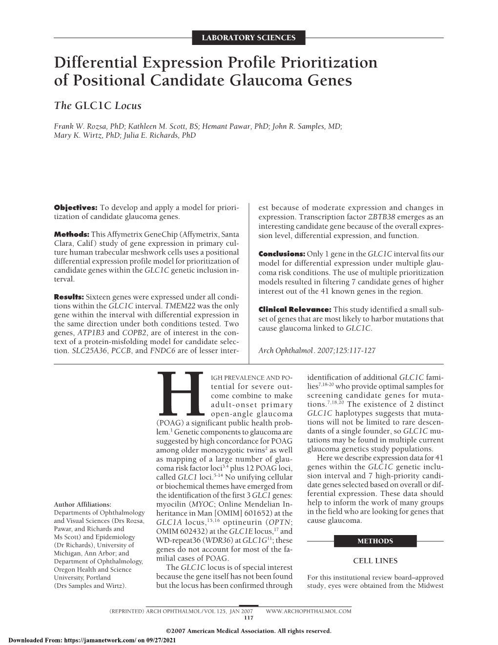 Differential Expression Profile Prioritization of Positional Candidate Glaucoma Genes the GLC1C Locus