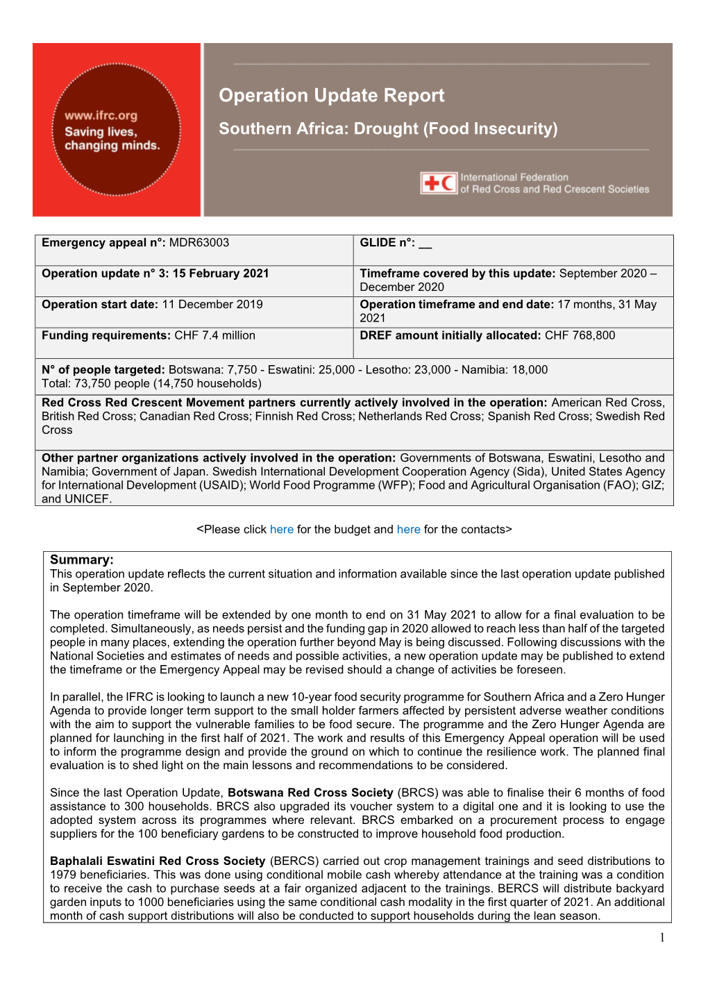 Operation Update Report Southern Africa: Drought (Food Insecurity)