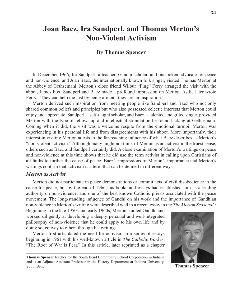 Joan Baez, Ira Sandperl, and Thomas Merton's Non-Violent Activism