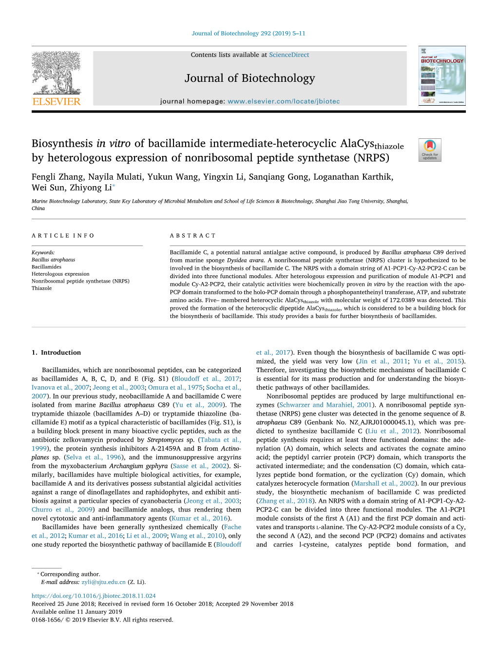 Biosynthesis in Vitro of Bacillamide Intermediate-Heterocyclic Alacysthiazole by Heterologous Expression of Nonribosomal Peptide Synthetase (NRPS) T