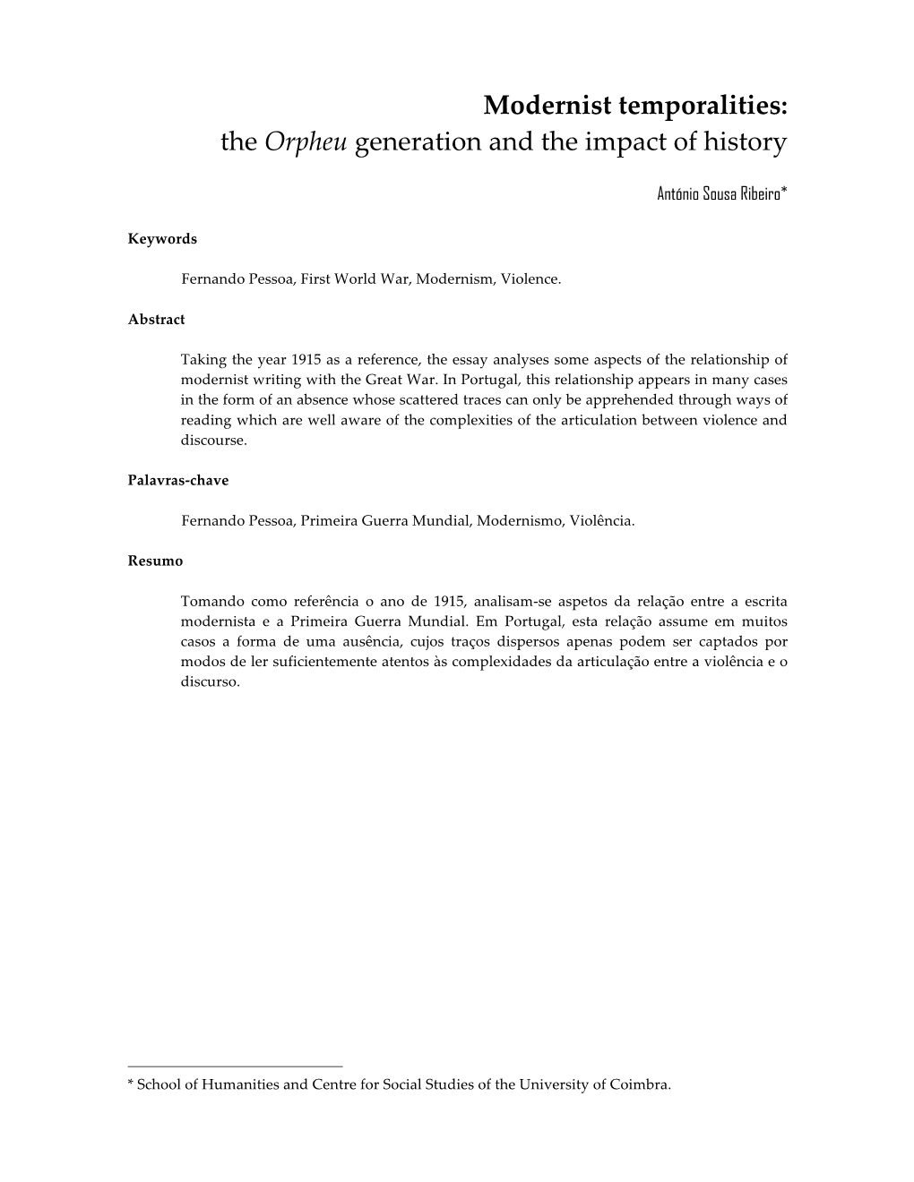 Modernist Temporalities: the Orpheu Generation and the Impact of History