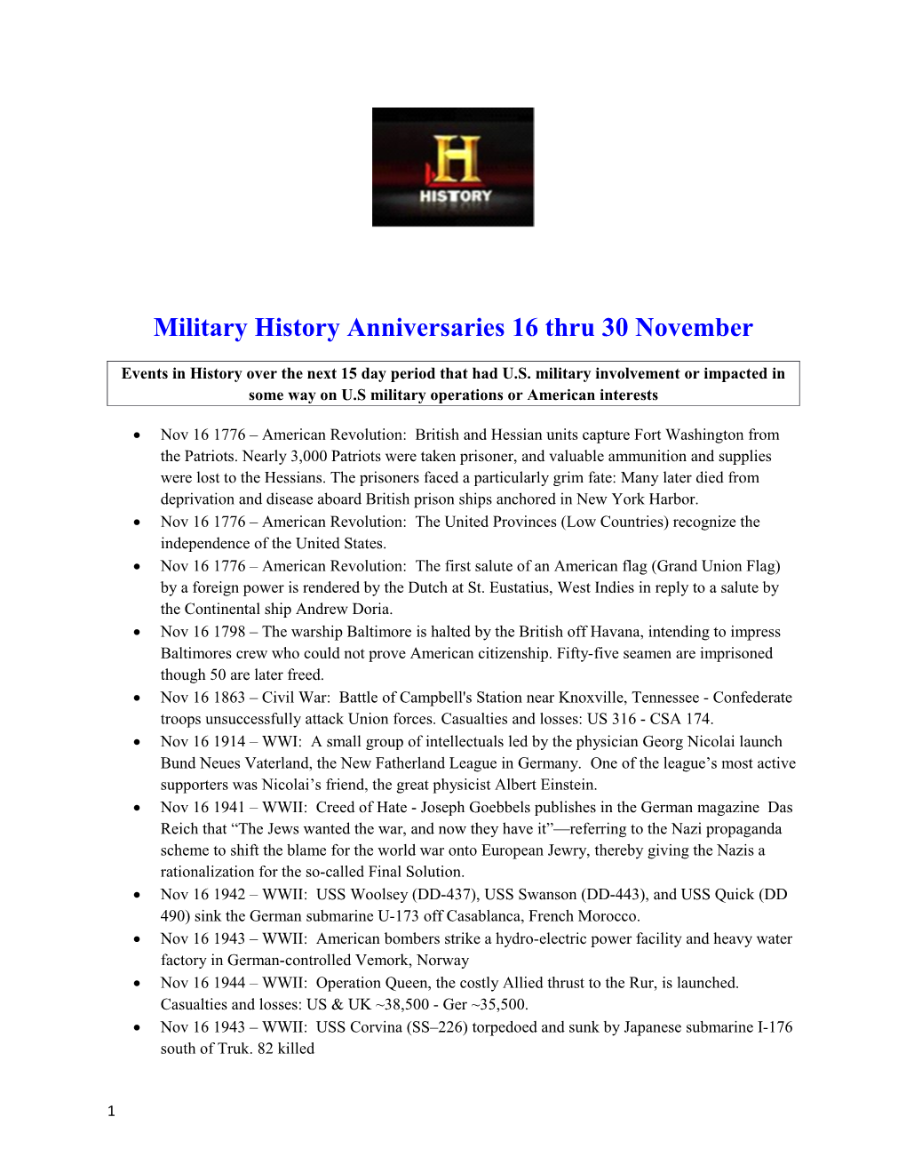 Military History Anniversaries 16 Thru 30 November
