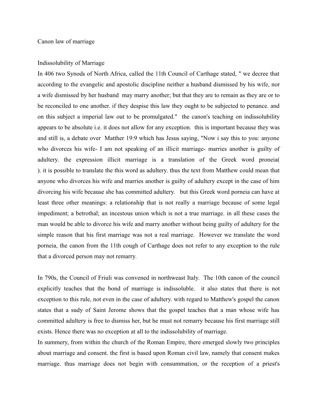 Canon Law of Marriage Indissolubility of Marriage in 406 Two Synods of North Africa, Called the 11Th Council of Carthage Stated