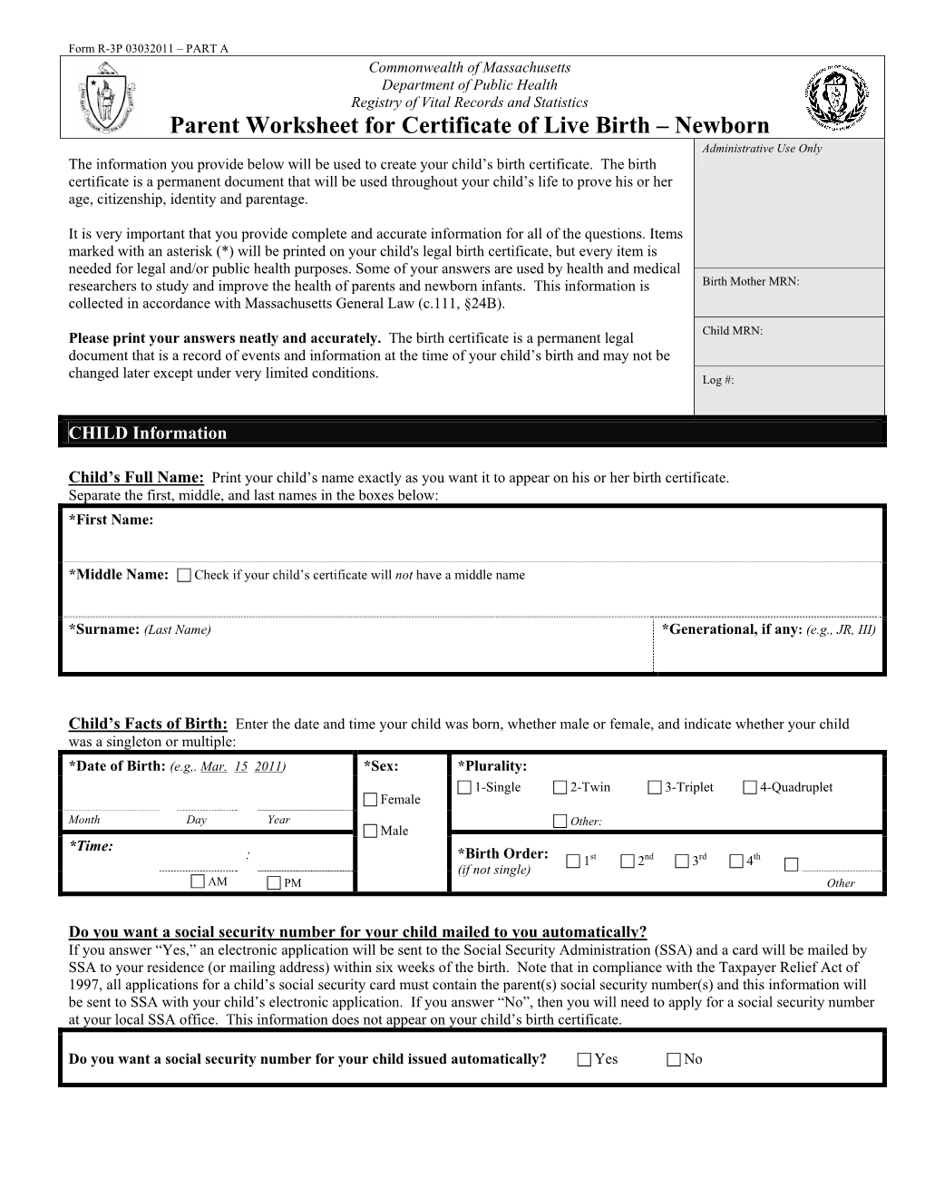 Parent Worksheet for Certificate of Live Birth – Newborn