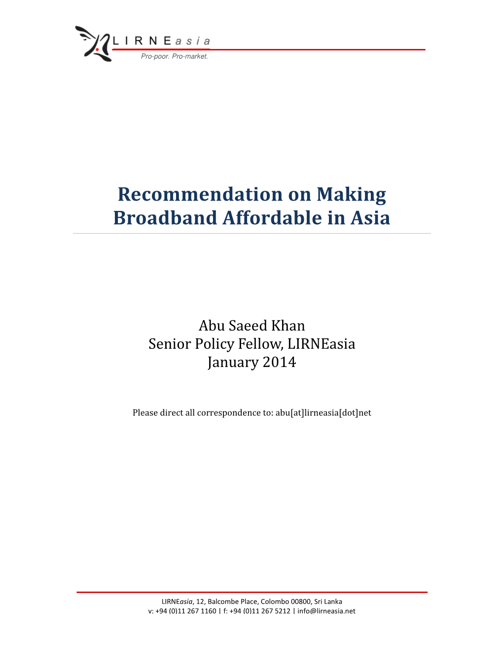 Recommendation on Making Broadband Affordable in Asia